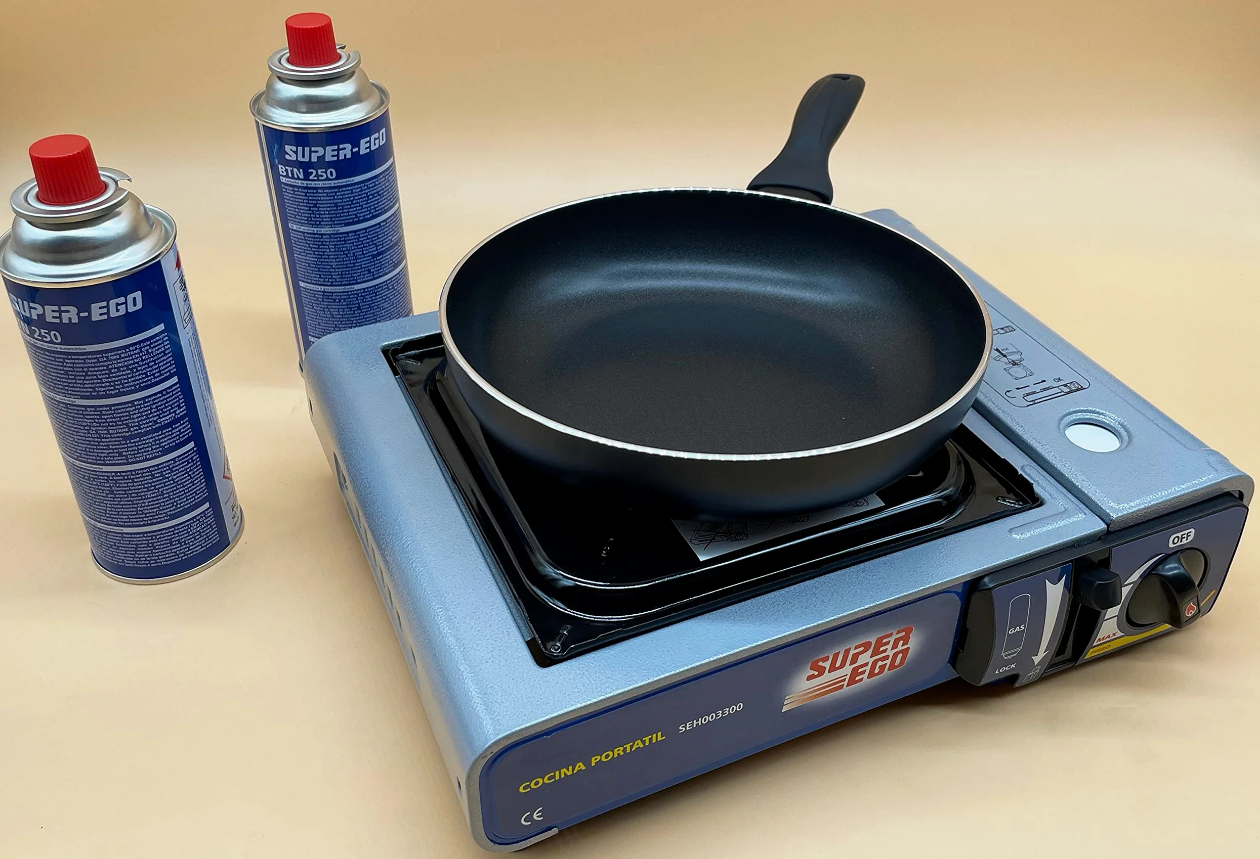 Kit Cocina Portátil a Gas + Sarten iSTEEL 22cm + 2 Recambios Gas | Kit Cocina Aire Libre | Maletín Cocina Incluido