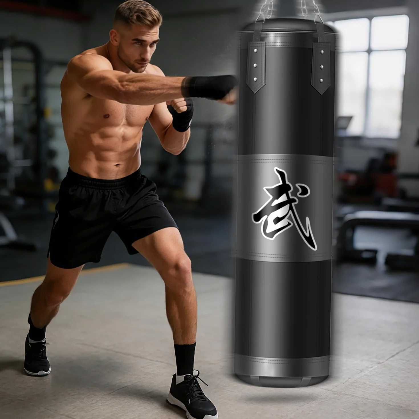 Saco de Boxeo Colgante 120 cm Tela Oxford con Gancho Cadena y Vendajes para MMA Karate Kickboxing