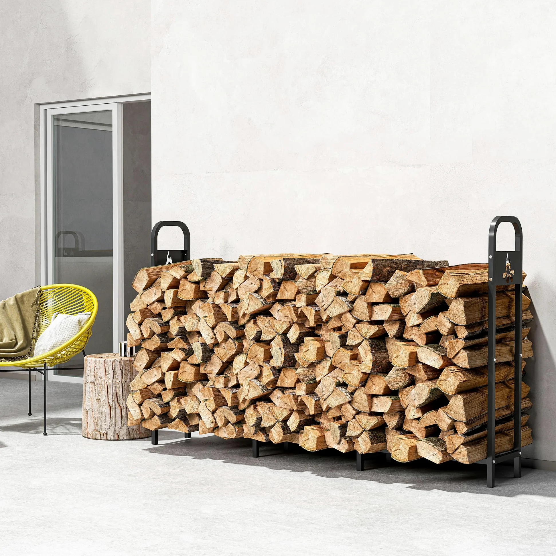 Outsunny Estante de Leña Metálico, 200x30x120 cm, Carga 300 kg, Leñero Exterior con Marco de Acero, Patas Extra Reforzadas y Diseño Recortado de Fogata, Soporte para Leña de Chimenea, para Jardín