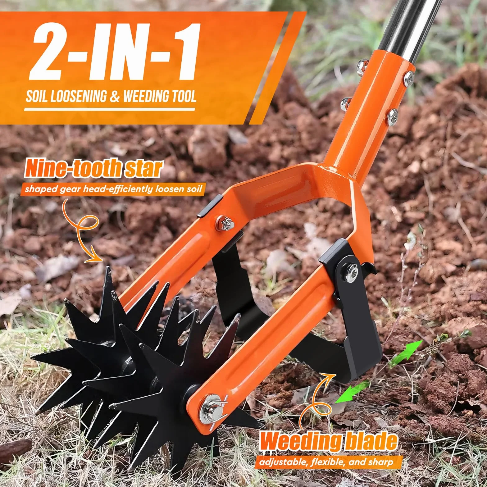SWAWIS Cultivador Giratorio de Jardín con 4-Secciones Mango de Acero Inoxidable, Escarificador y Eliminador de Malezas en Uno, Ajustable, para Aflojar el Suelo y Controlar Las Malezas