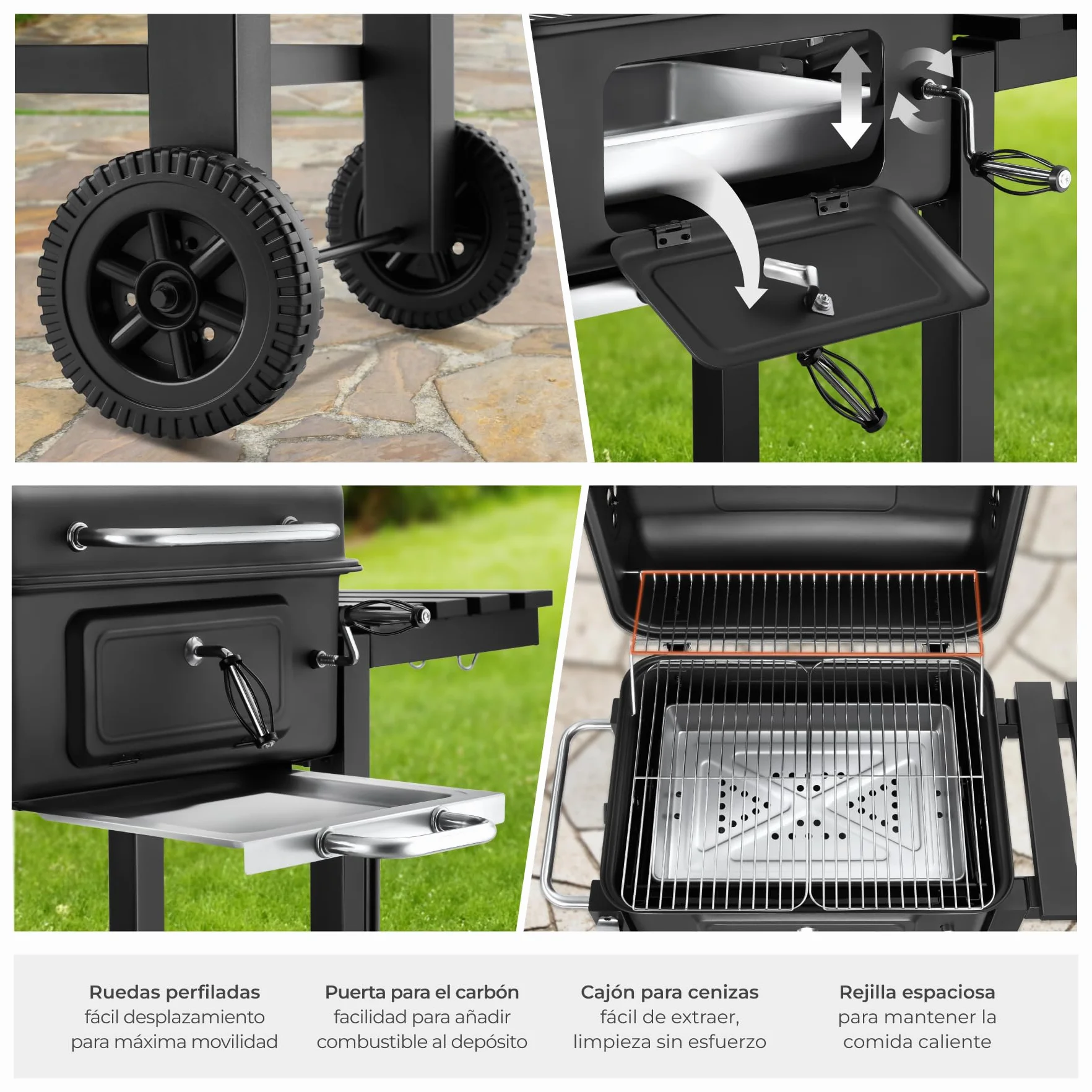 tectake® Barbacoa de Carbon con Tapa, Parrilla Barbacoa Carbon, BBQ Grill, Bandeja Regulable, Termómetro y Ruedas, con Ahumador de Alimentos, Asador de Carne - 64 x 110 x 104 cm