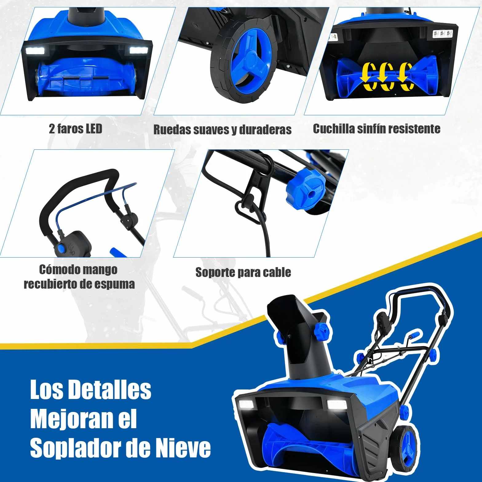 COSTWAY Quitanieves Eléctrico, 2300w, 3000RPM, Chorro Giratorio de 180°, Pala de Nieve con Ruedas y Cable, Distancia de Lanzamiento de 9 M, Máquina Quitanieves con Luces LED Duales (Azul)