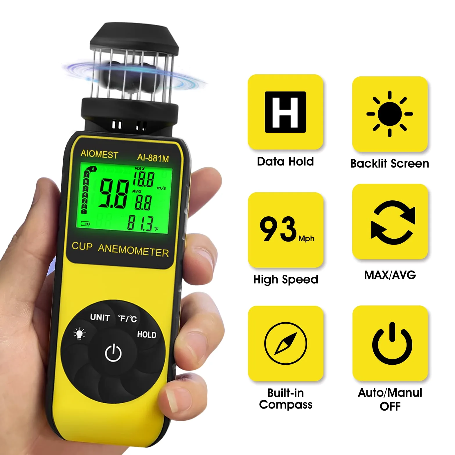 Anemómetro con sensor de taza de mano con dirección, medidor digital de velocidad del viento, medición de temperatura del viento, velocidad del aire de alta velocidad en máximo/promedio - AIOMEST