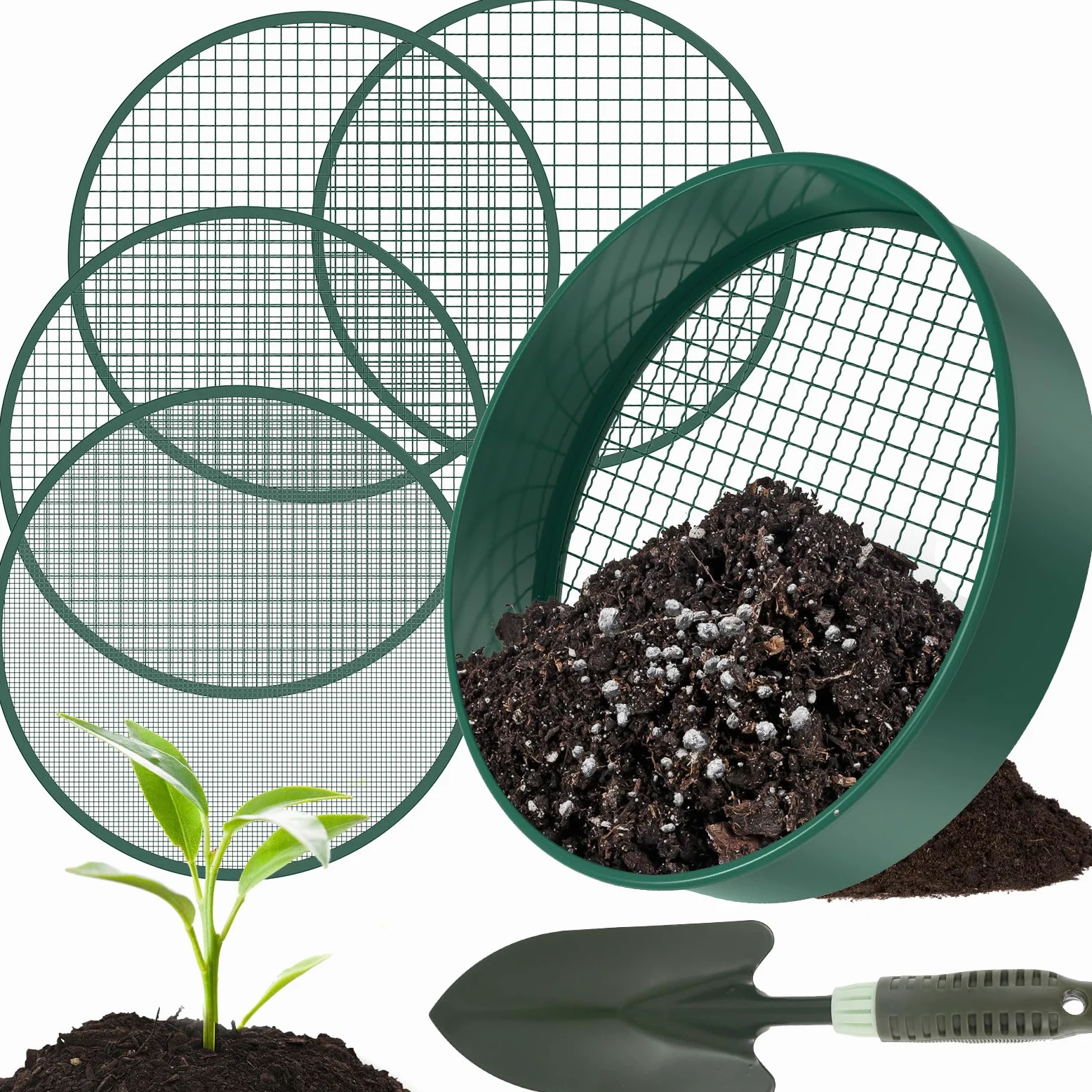 Tamiz de jardín redondo 4 en 1, 30 cm, acero inoxidable, con 4 tamices intercambiables y pala de jardín, tamiz para tierra, compost, semillas, arena