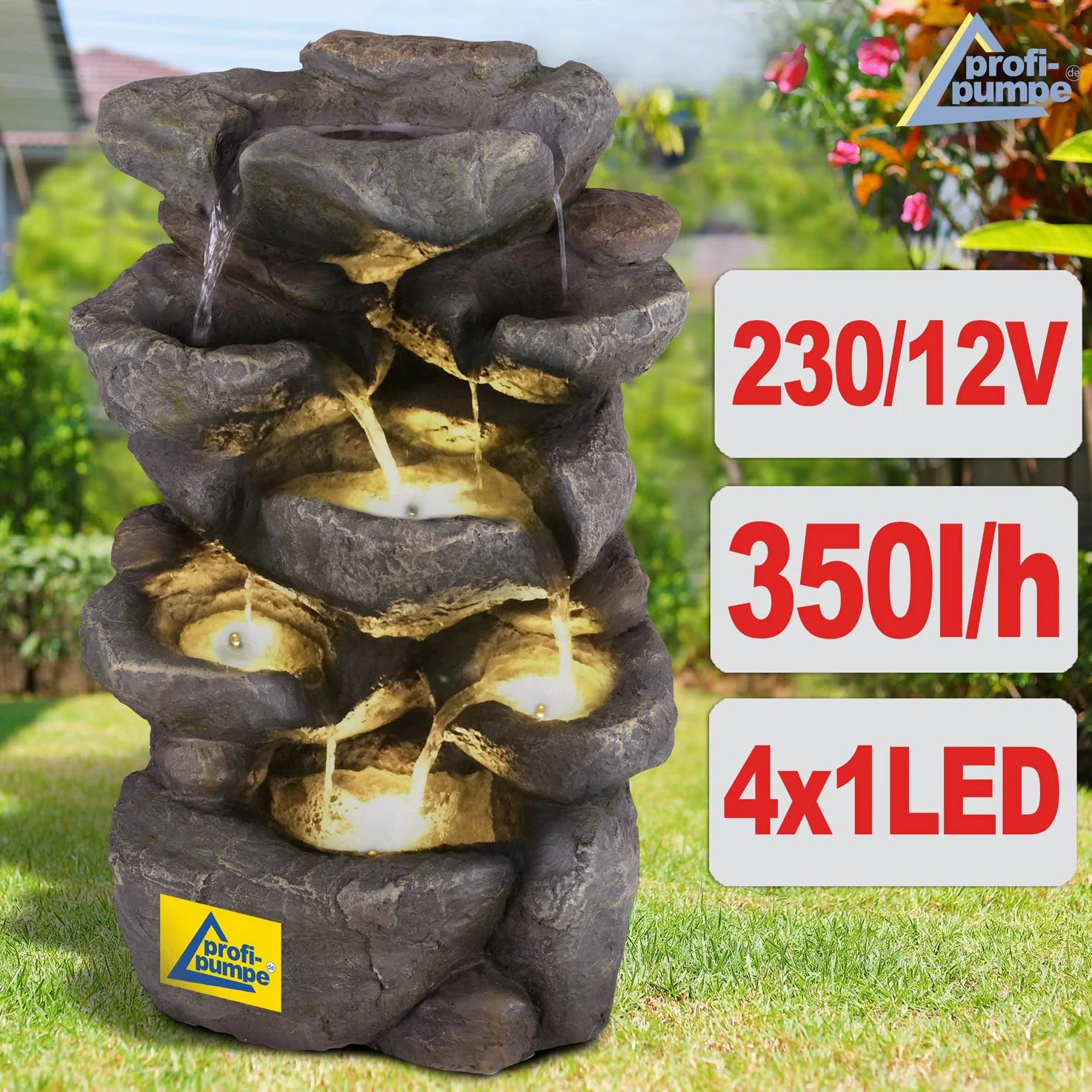 Fuente DE JARDÍN - Fuente DE Agua Cuencos MAGICOS con luz LED 230V Cascada, Fuente Ornamental para jardín, Estanque de jardín, terraza, balcón