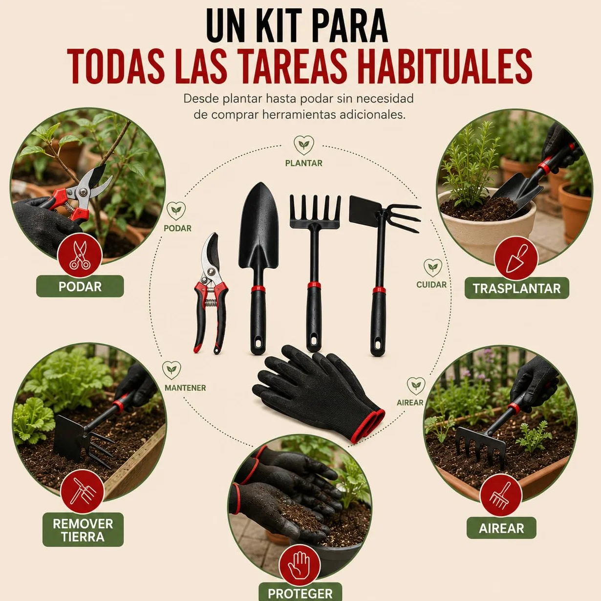 Kit 5 Herramientas de Jardinería de Metal Que Incluye Tijeras de Podar, Pala Trasplantadora, Rastrillo, Azada Doble y Guantes | Kit jardineria para Jardín, Huerto Urbano y Terraza (Rojo/Negro)