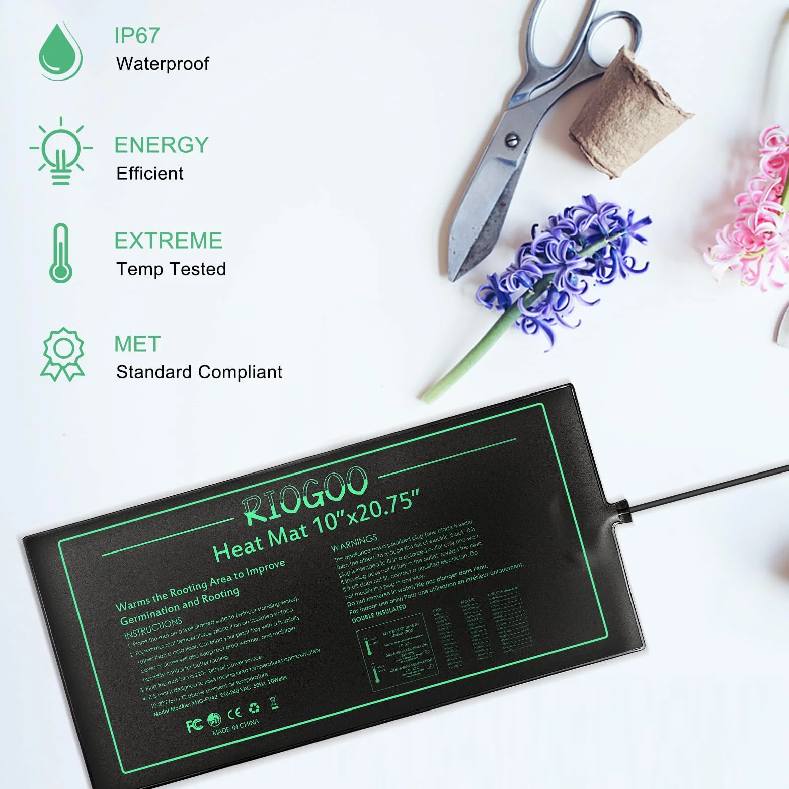 RIOGOO Alfombrilla térmica para Plantas de semillero, Resistente al Agua, para Invernadero, Duradera, de 10 "x 20,75", para propagación térmica de germinación (Paquete de 2)