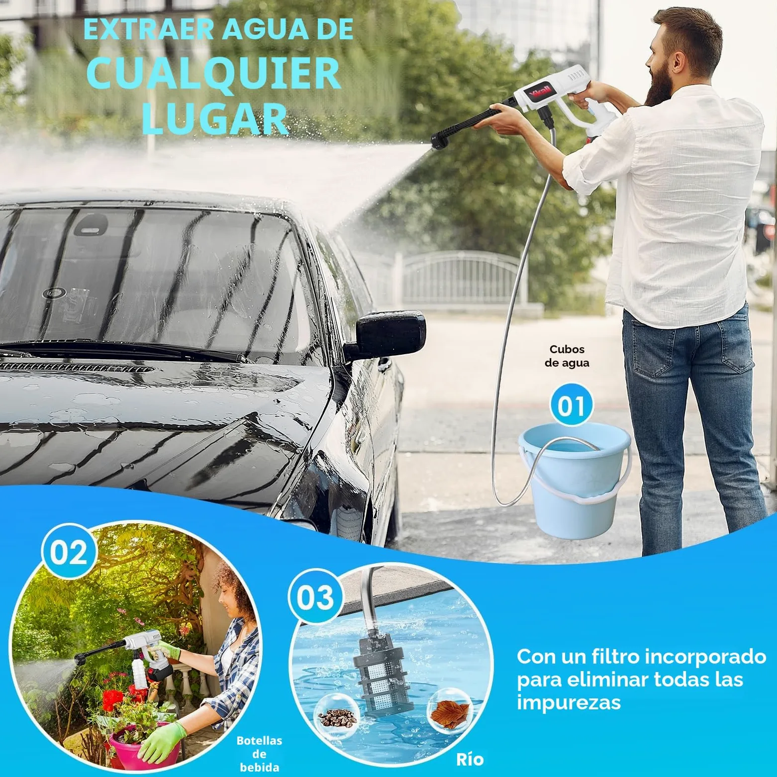 Hidrolimpiadora Inalámbrica 48V 2 Baterías Portátil Boquilla 6 en 1 | Limpieza a presión sin cables. 2 baterías (25-30 min), 6 modos, manguera 5m, fácil de guardar. Ideal para coches o jardín.