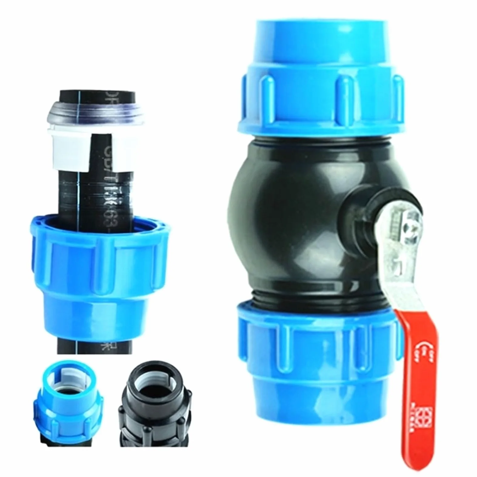 VELORE Conector de válvula de bola rápida de plástico de 20/25/32/40/50 mm, conector de válvula de bola rápida para jardín, agricultura, riego, accesorios de tubería de agua (azul, 63 mm)
