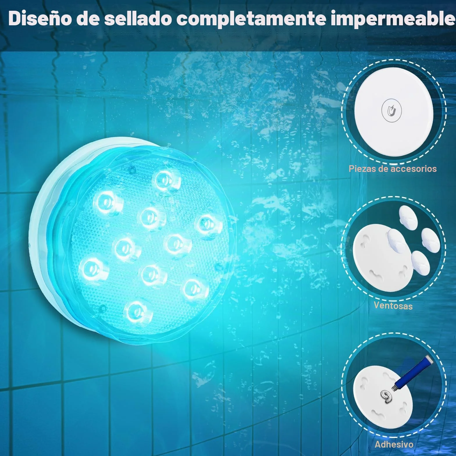 Idealife Iluminación de piscina recargable con batería incorporada, luz subacuática con mando a distancia, imán RF, ventosas, luces LED impermeables para fiestas de jacuzzi, Navidad, calabaza