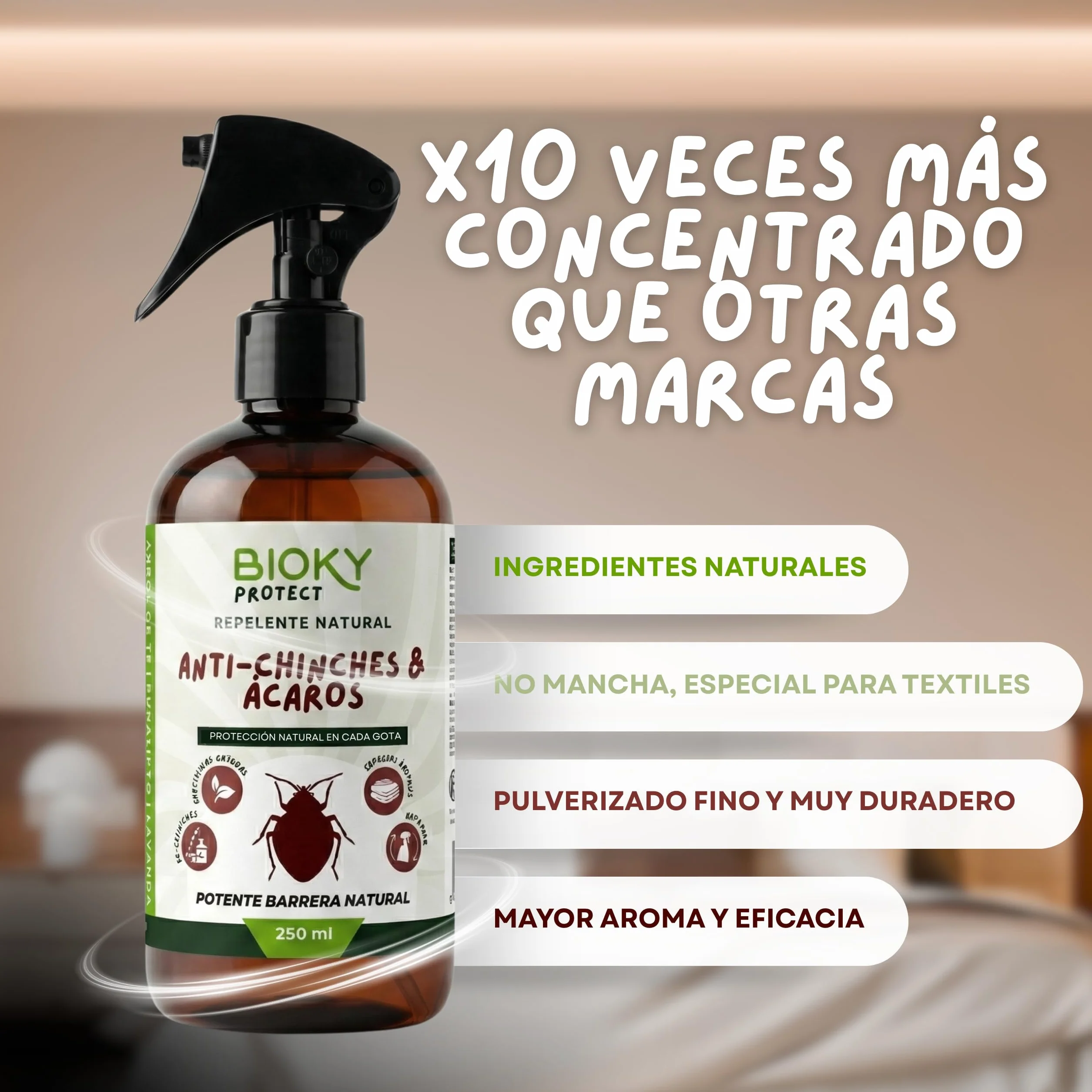 Protect | Spray Anti-Chinches y Ácaros 250ml | Rpelente Con Aceites Esenciales | x10 veces Más Concentrado que Otros | Apto para Textil, Hogar, Sofás, Colchón, Ropa de Cama
