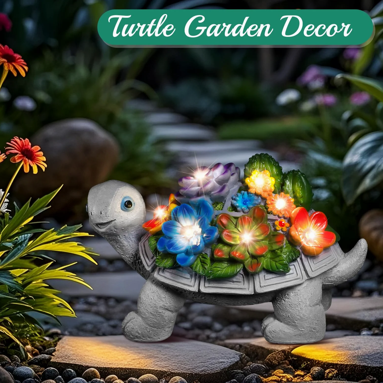 Decoracion Jardin Exterior de Tortuga, Linkax Regalo Dia de la Madre Originales, Adornos Jardin Exterior con suculentas y Luces solares LED, Regalo Original Navidad para Mujeres Hombre Madre