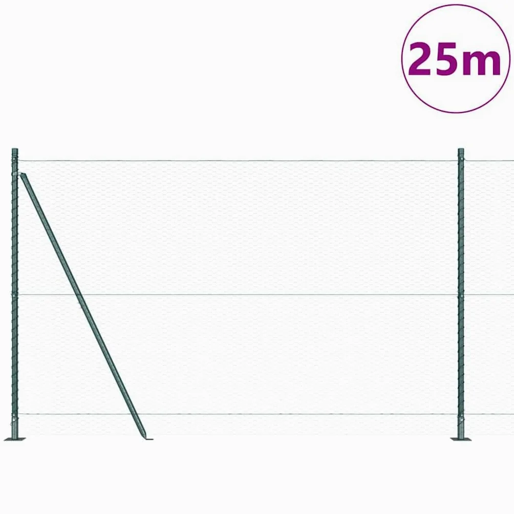 Valla de alambre soldada con base de hormigón, 25 x 1,4 m, color verde, acero recubierto de PVC, resistente a la intemperie, al óxido y a la corrosión, incluye postes y alambre tensor para