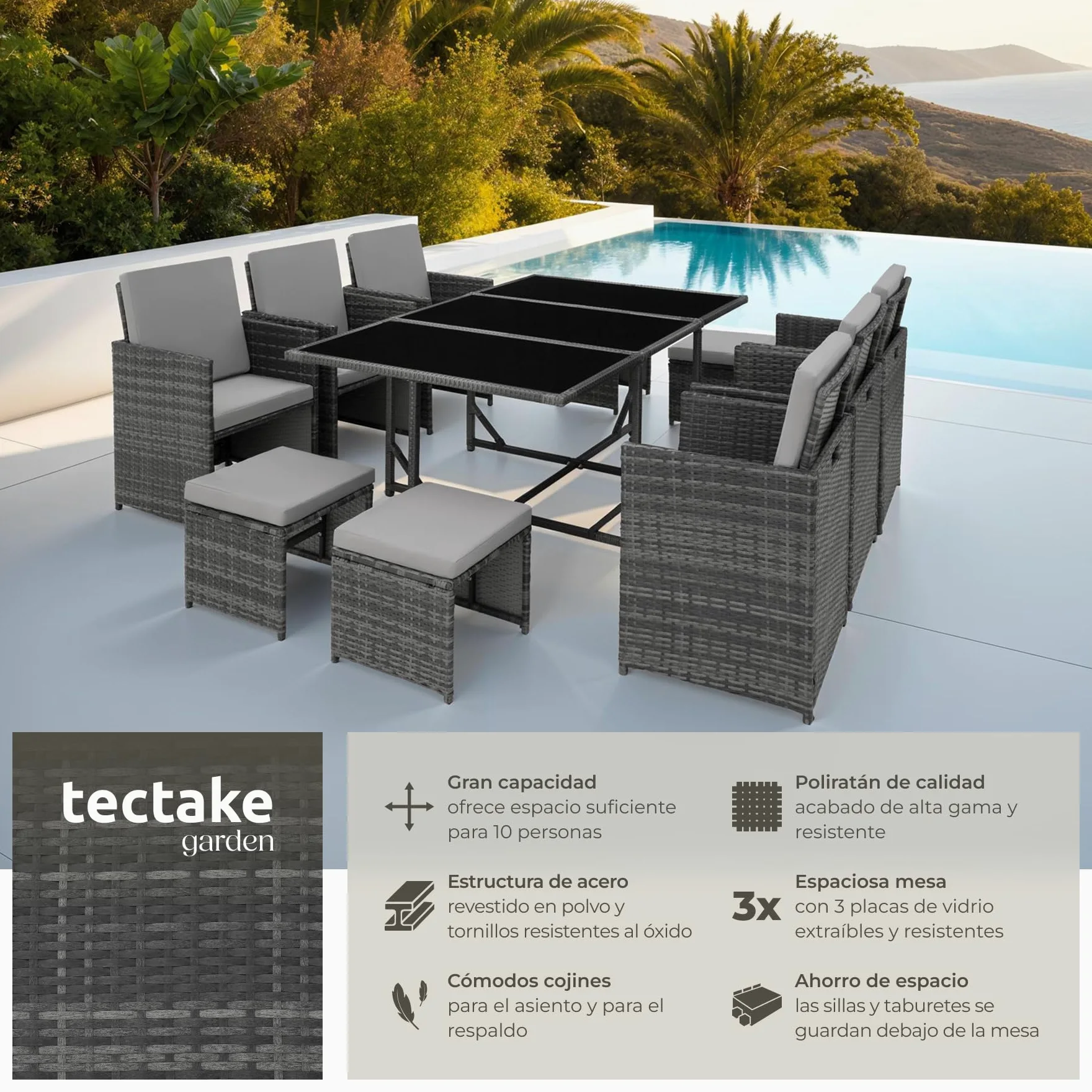tectake® Conjunto Jardín Exterior de Ratán y Acero, Agrupable en Cubo, Muebles Jardín Exterior Resistente a la Intemperie, para 6-10 Personas, Fundas Extraíbles y Funda Protectora - Gris Claro