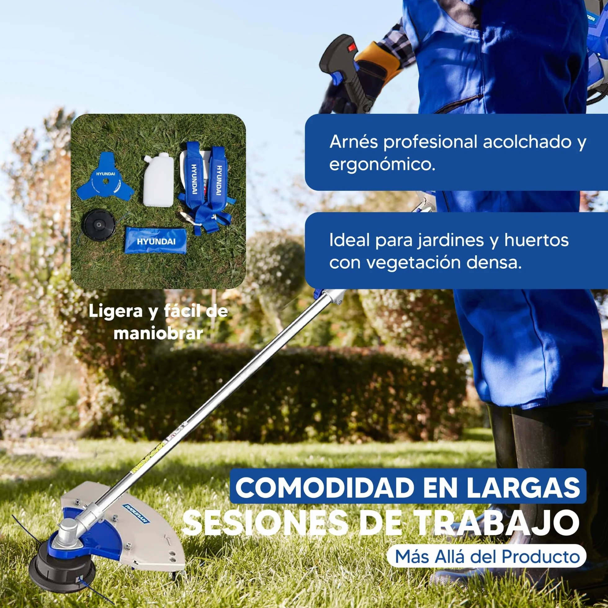 Hyundai Desbrozadora Gasolina Profesional Alta Potencia para Césped Denso - Cortacésped a Gasolina con Sistema Antivibración para Mayor Comodidad - Desbrozadora 2 Tiempos para Jardinería Eficiente