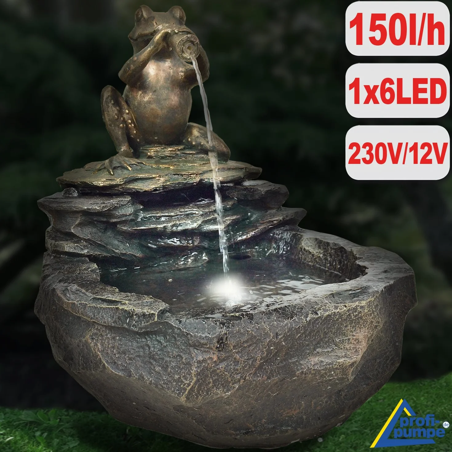 Fuente Exterior - Fuente Decorativa - Fuente EN Cascada - Tazón-Granito-en Cascada - para el Jardin -con batería Li-Ion & luz LED (Fuente -3-230V)