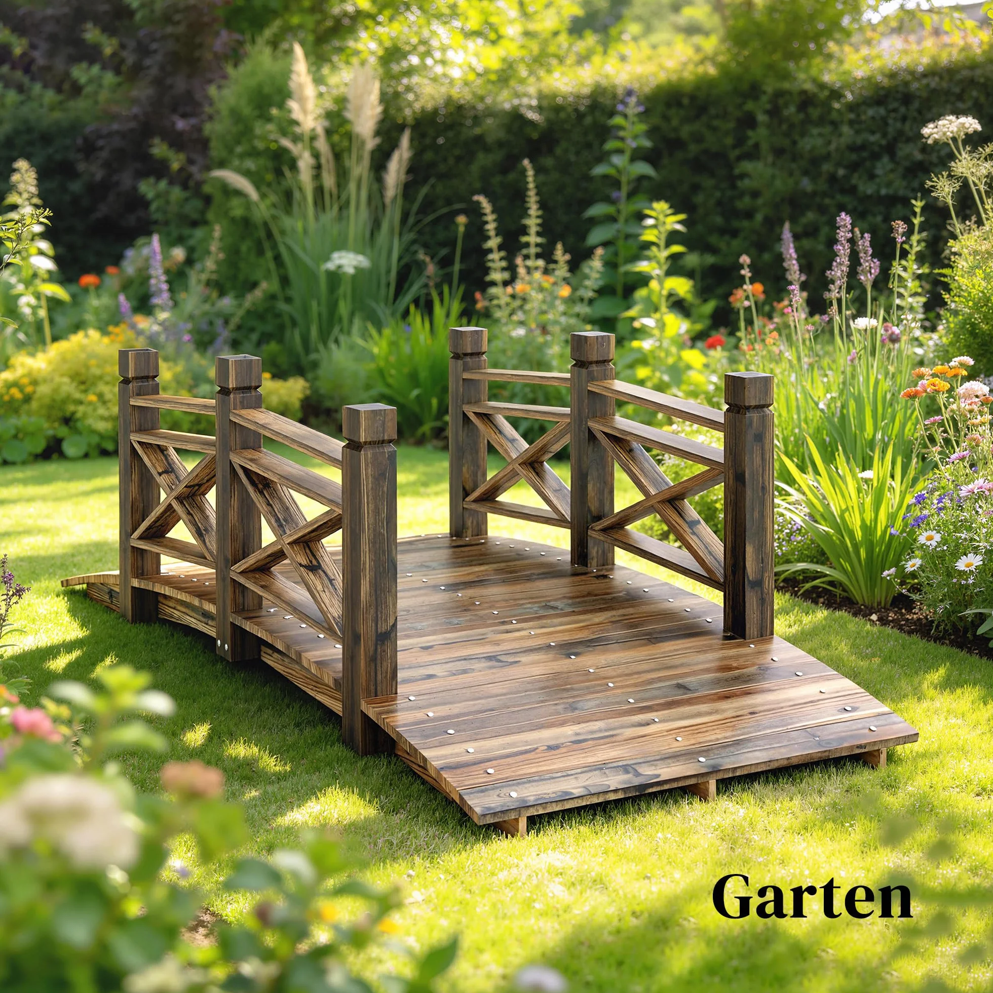 Outsunny Puente de madera con barandilla, puente de jardín de madera de abeto, puente para estanque con aspecto antiguo, transitable, hasta 200 kg, resistente a la corrosión, puente decorativo para