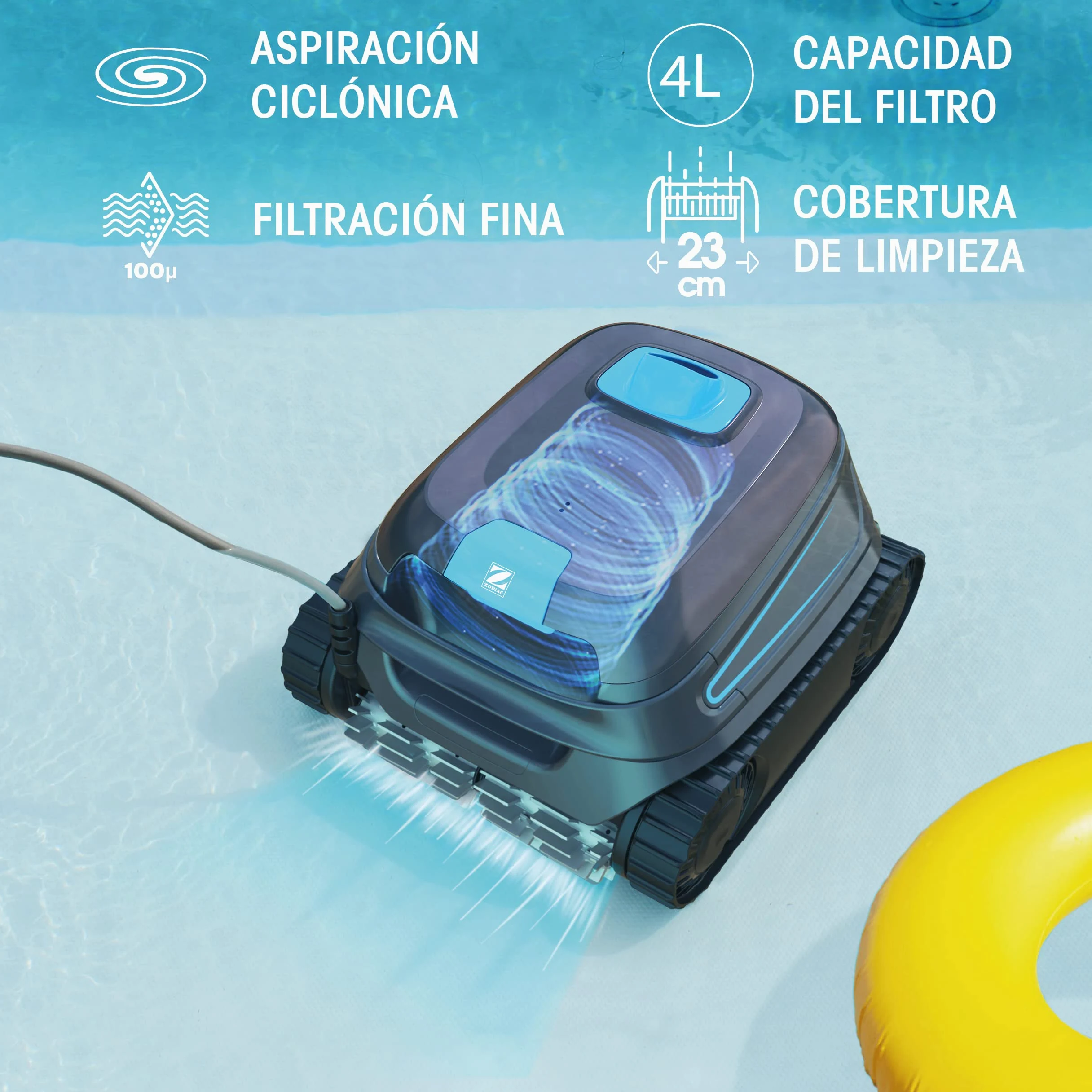 Limpiafondos CNX 10 de Zodiac para Piscinas de hasta 9 x 4 m. Limpia Suelo, Paredes y línea de Agua. Aspiración ciclónica, Agilidad integrada. Incluye Cable de 15 m y filtración Fina