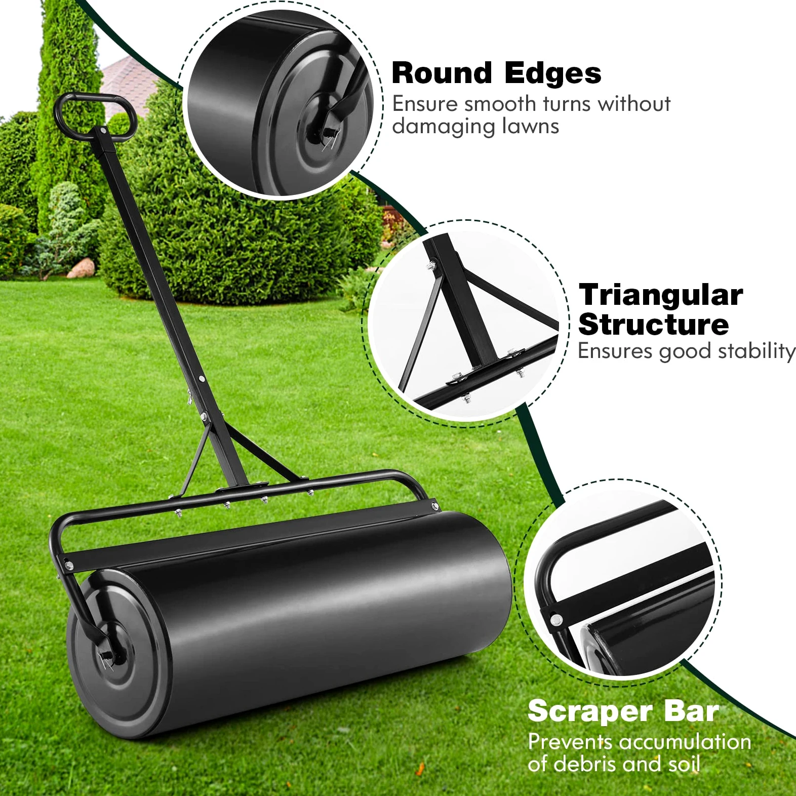 Rodillo para césped de jardín de 48L/60L/63L, Herramienta de Empuje de Gran Capacidad para césped, Tambor Resistente y desagüe extraíble, se Puede llenar con Agua o Arena, Acero galvanizado