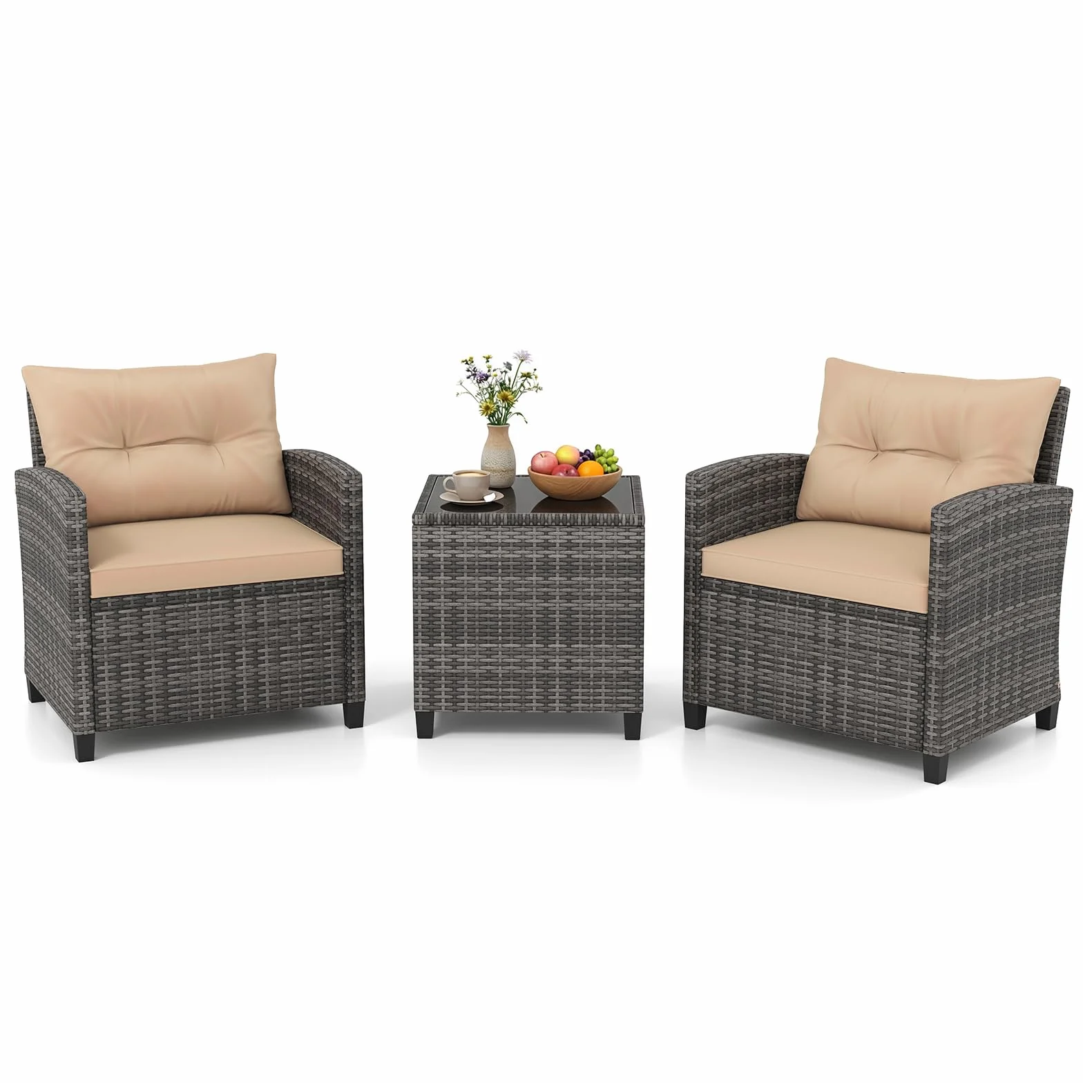 GIANTEX Conjunto de Muebles Jardín 3 Piezas, Mesa y Sillas de Exterior de Ratán PE con Cojines, Mesa con Tablero de Vidrio, para 2 Personas, para Terraza, Patio, Balcón (Gris+Marrón)