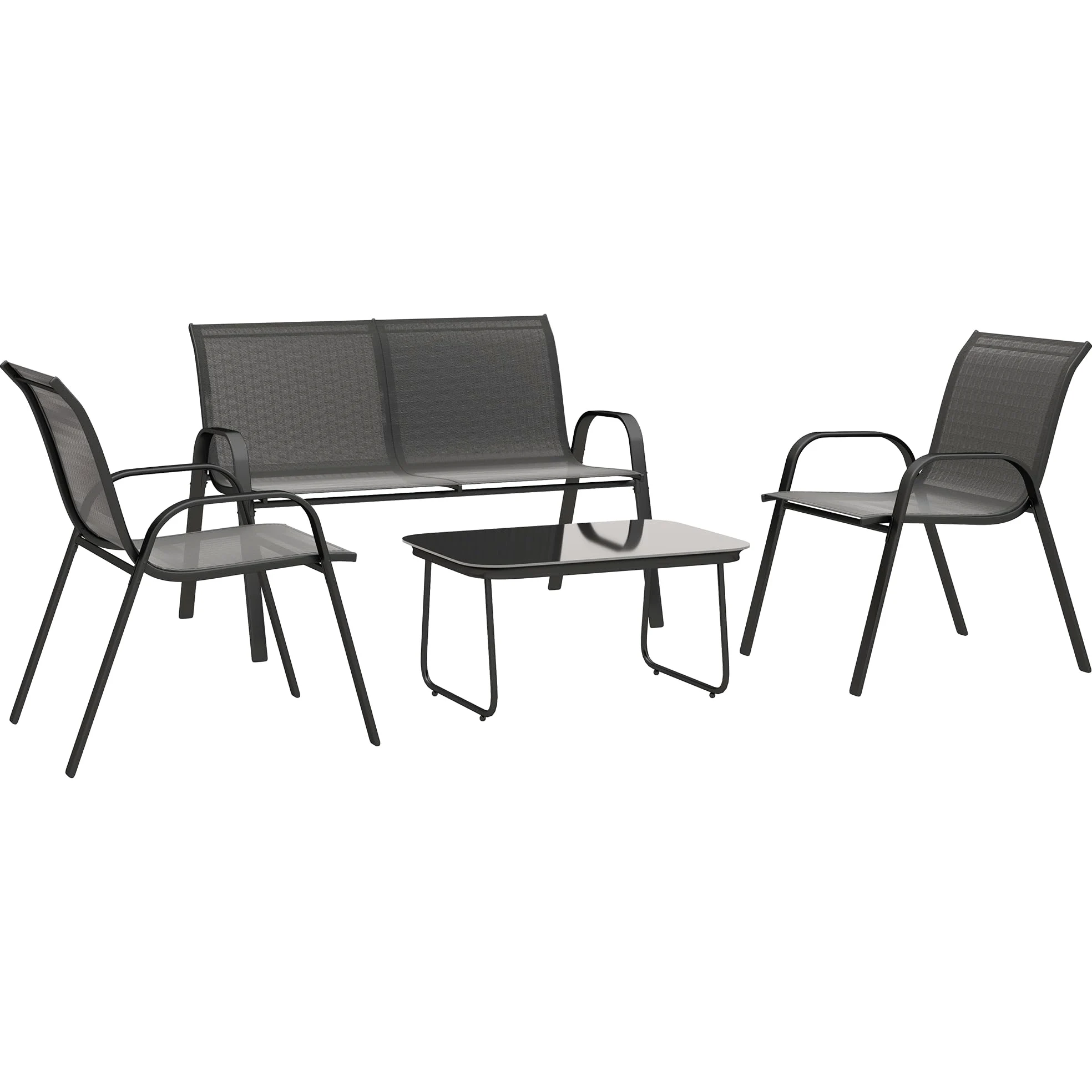 Outsunny Conjunto de Jardín 4 Piezas con Sillones Apilables, Sofá y Mesa de Centro de Vidrio Templado Negro