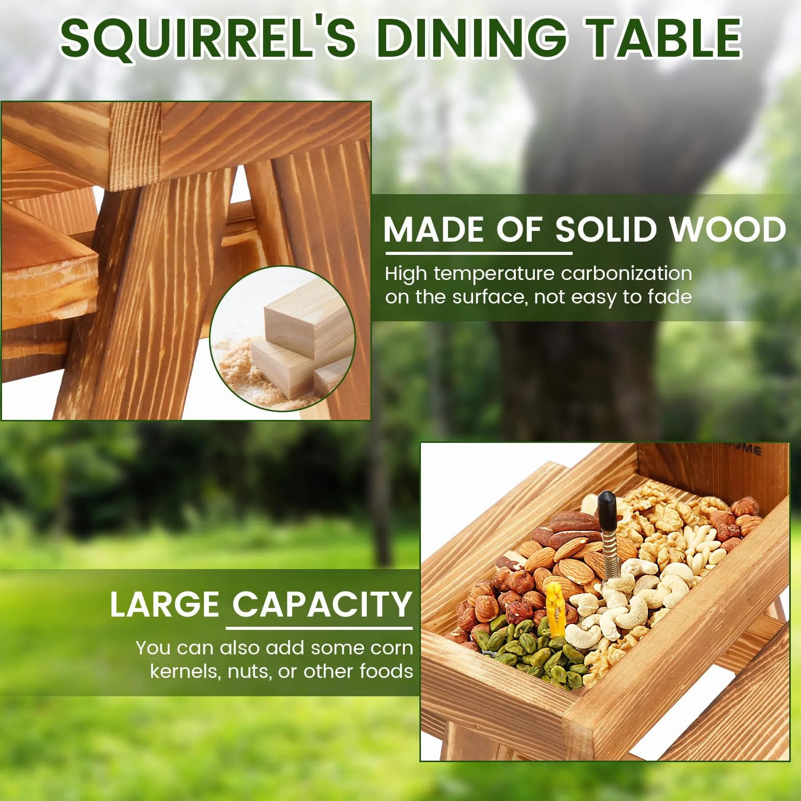 Alimentador de ardilla de madera con paraguas,Alimentador de ardilla para exteriores Mesa de picnic Divertida con estructura sólida Alimentador de ardilla con soporte para mazorcas de maíz