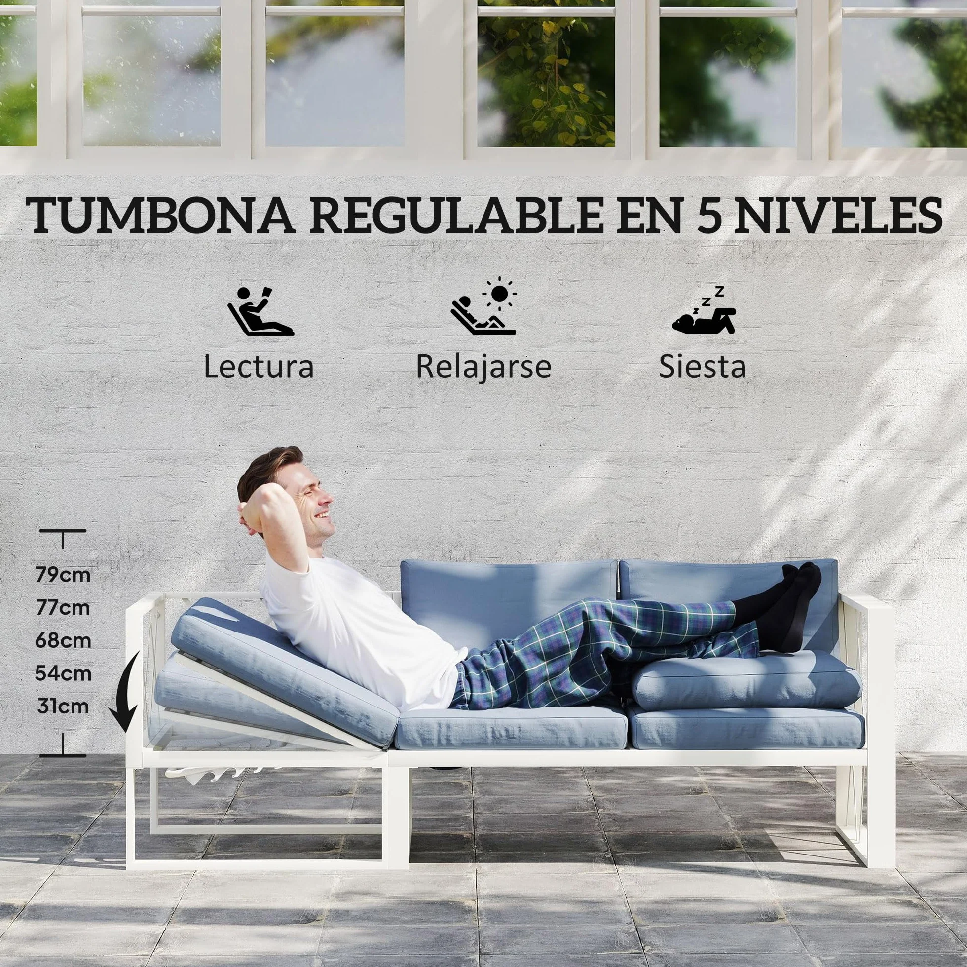 Outsunny Conjunto de Muebles Jardín Exterior de 4 Piezas Sofá Exterior Seccional Forma de L con 2 Sofás de 2 Plazas Sofá de Esquina con Asiento Ajustable y Mesa Centro de DPC con Cojines Beige y Gris