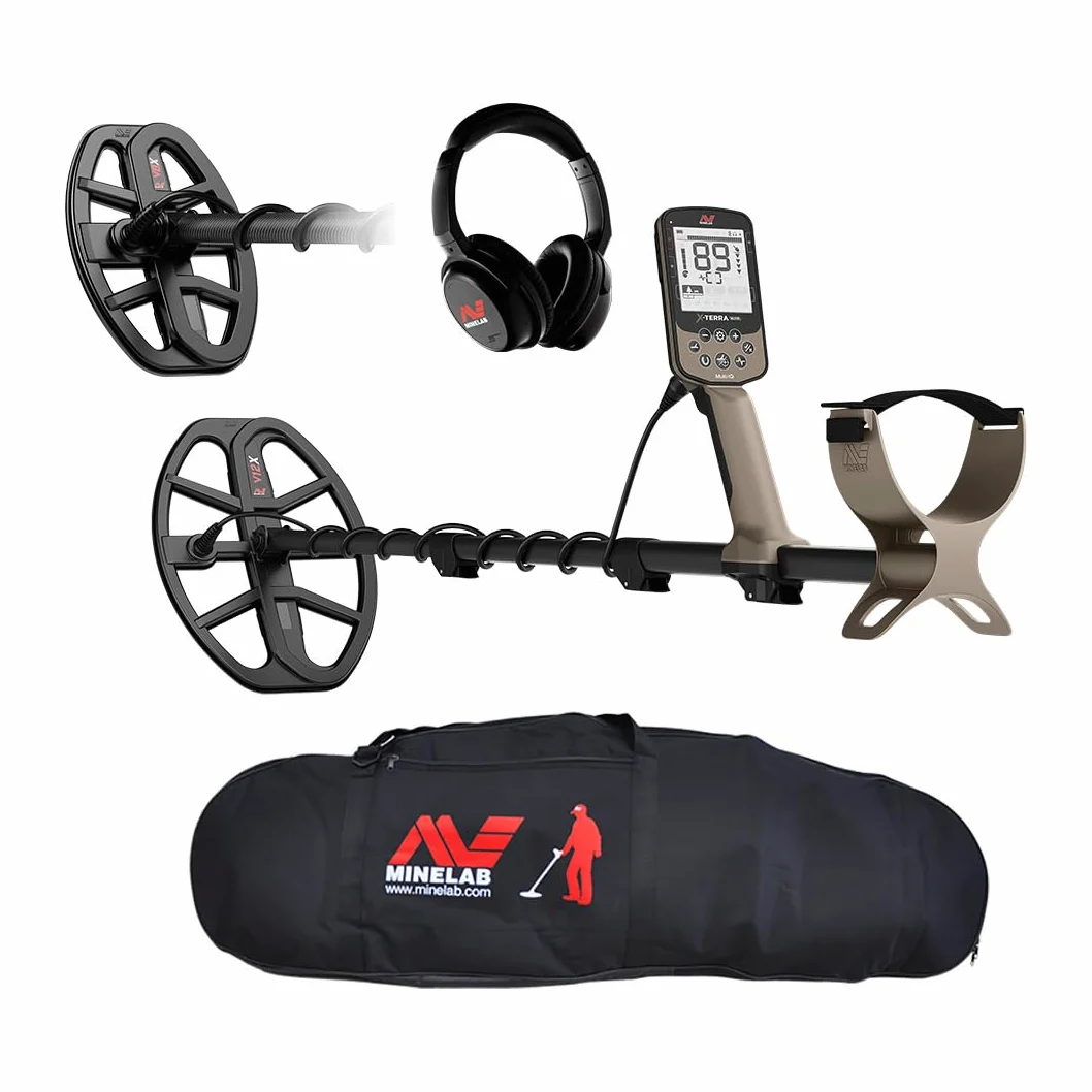 MINELAB X-Terra Elite Expedition Bundle, impermeable, All Terrain Treasure Metal Detector, Multi-IQ Precision Targeting, Incluido V8X Coil, V12X Coil, ML85 auriculares, cable de carga y bolsa para el