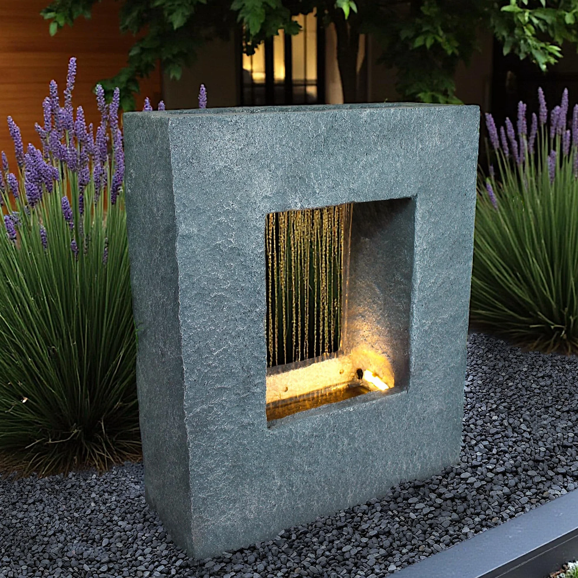 Fuente de jardín rectangular con iluminación LED 65x53 cm, piedra, blanco cálido