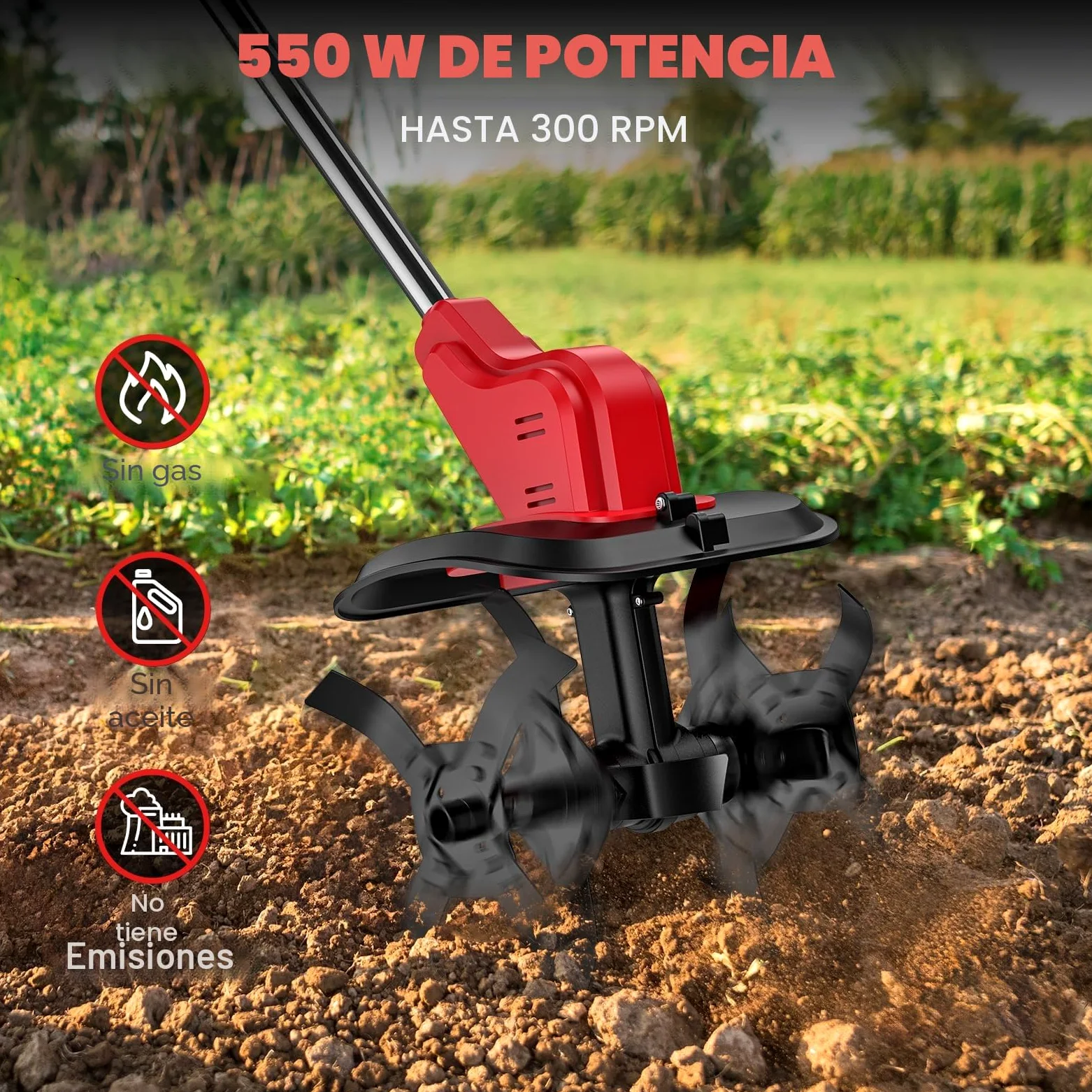Motoazada Batería 550W, Motocultor Eléctrico 30cm con Pantalla LED, Rojo | Motor 550W, 2 Baterías 4.0Ah Inclusas, Pantalla LED, Rodillo Doble, Ancho 30cm, Mango Plegable, Ideal Para Jardinería