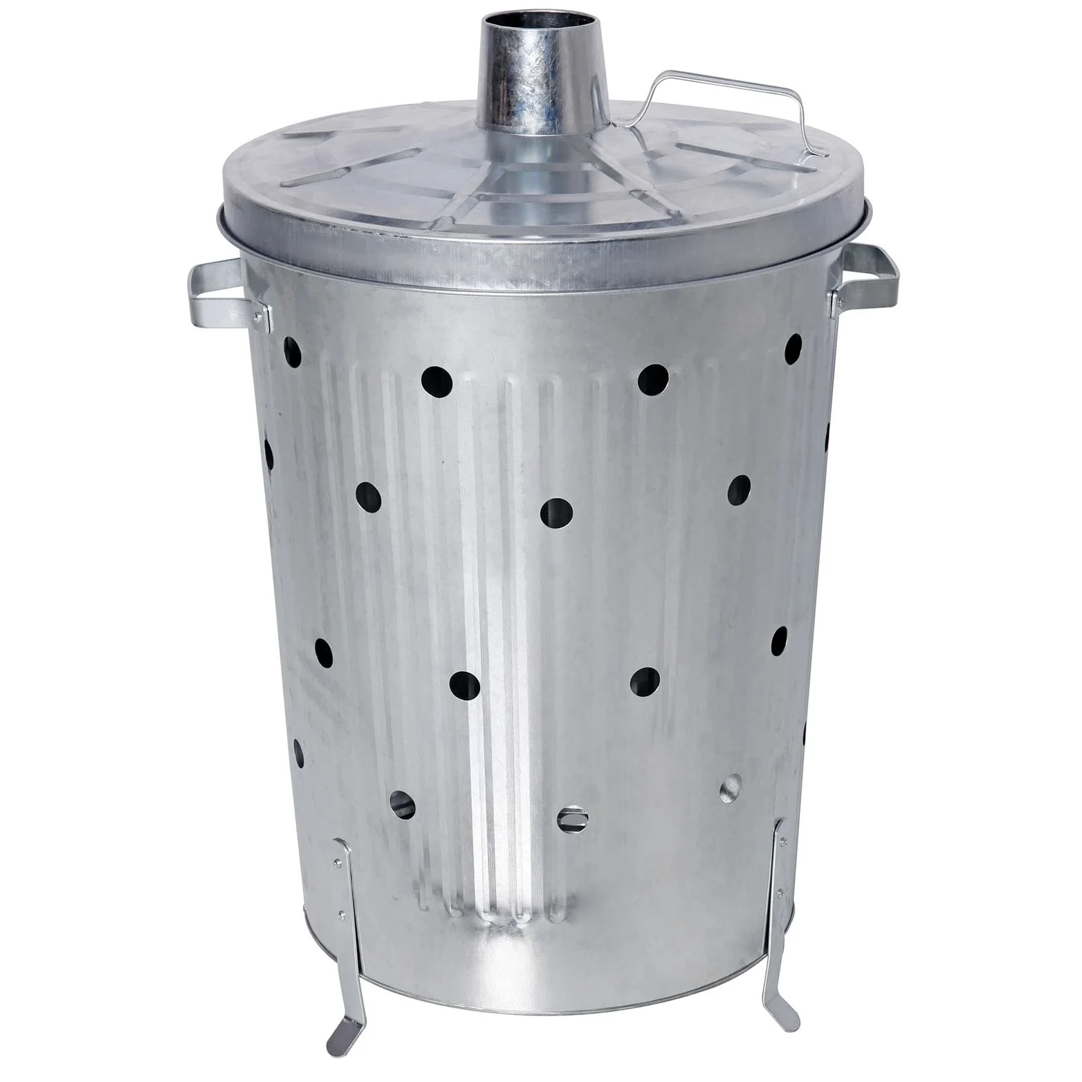 Contenedor de combustión de metal galvanizado con tapa para jardín, 75 l, color plateado