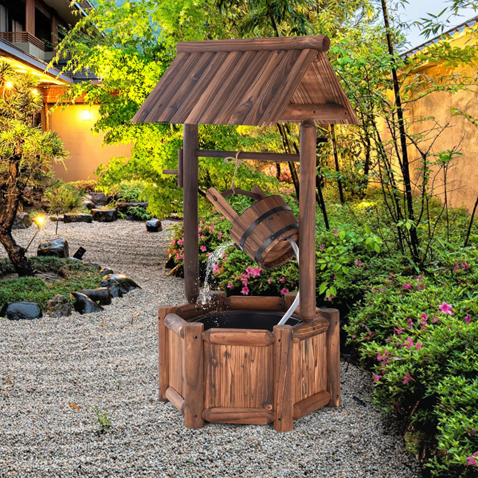RELAX4LIFE Fuente de Jardín de Madera con Bomba Eléctrica 300L/H, Pozo Decorativa con Control del Caudal de Agua para Jardín, Balcón, Patio, 58,5×56×117cm, Marrón