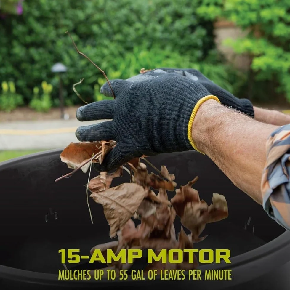 Trituradora eléctrica de hojas de jardín, trituradora de 2500 W para limpieza de patio, 8000 RPM con embudo de 54 cm, tamaño de corte ajustable, incluye rastrillo de hojas y bolsa de almacenamiento