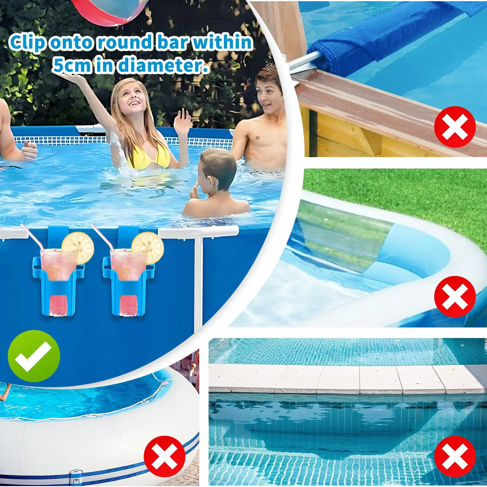 4 soportes para bebidas para piscina, soporte para colgar vasos de agua, soporte multifuncional, accesorios para piscina, sin derrames, soporte para bebidas de plástico (azul)