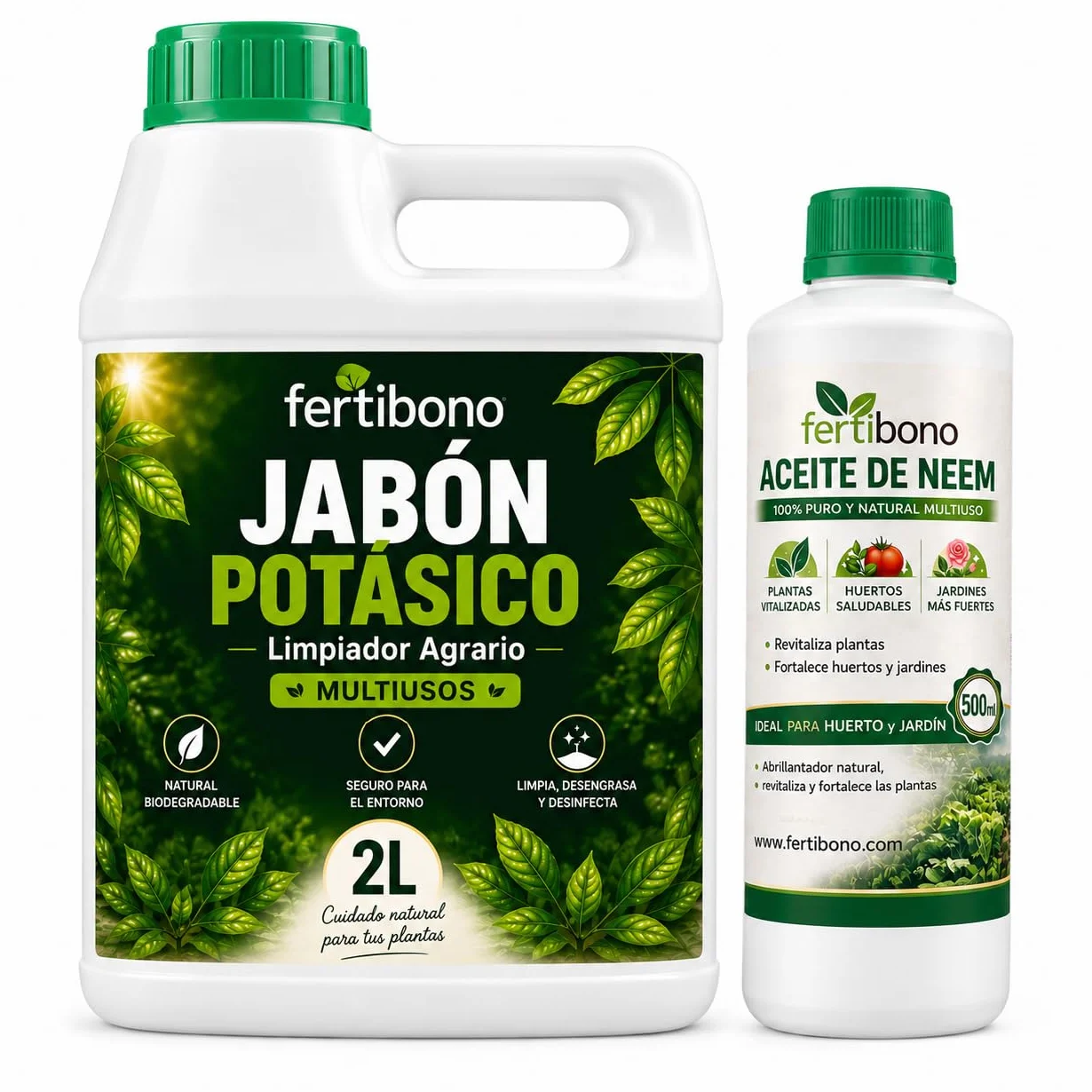 FERTIBONO FLORANIM Multiuso - Jabón Potásico 2L + Aceite de Neem 500 ml para Plantas, Huerto y Jardín - Pack Concentrado para Diluir en Agua y Pulverizar