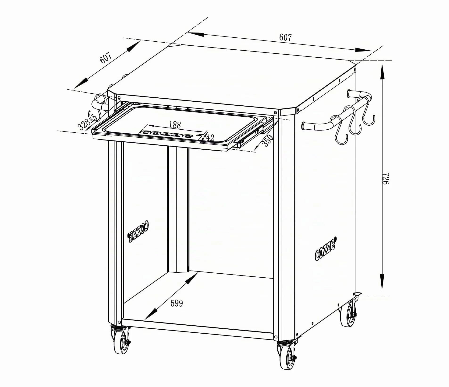 Cozze® | Mesa Exterior con Tabla de Corte Extensible | para hornos hasta 60 cm | Asas Laterales con 6 Ganchos de Acero Inoxidable | Ruedas de Goma Ø75 mm | Espacio para bombona | Acero Lacado Negro