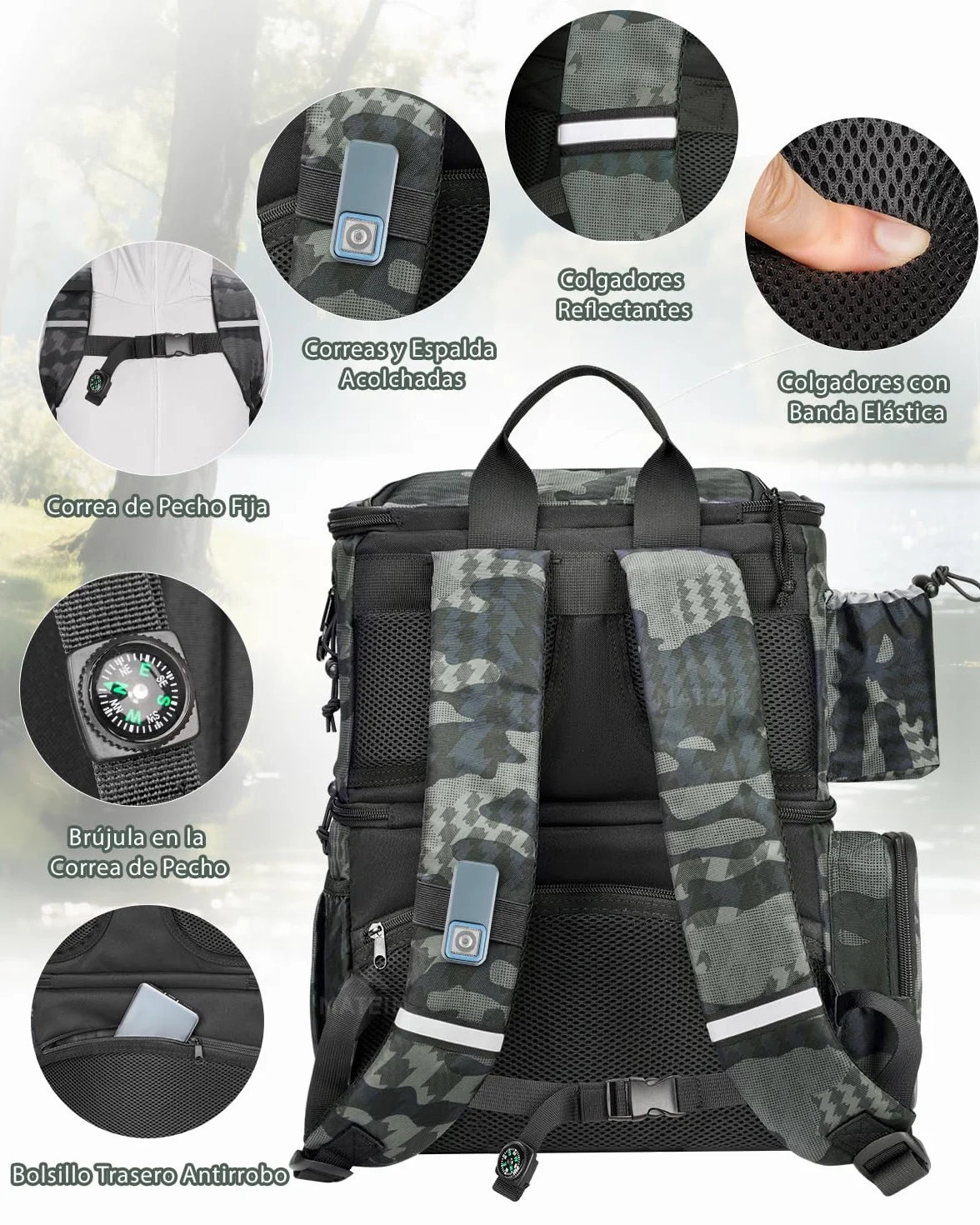 MATEIN Mochila Pesca Impermeable con 4 Cajas Aparejos y Soporte Caña Camuflaje
