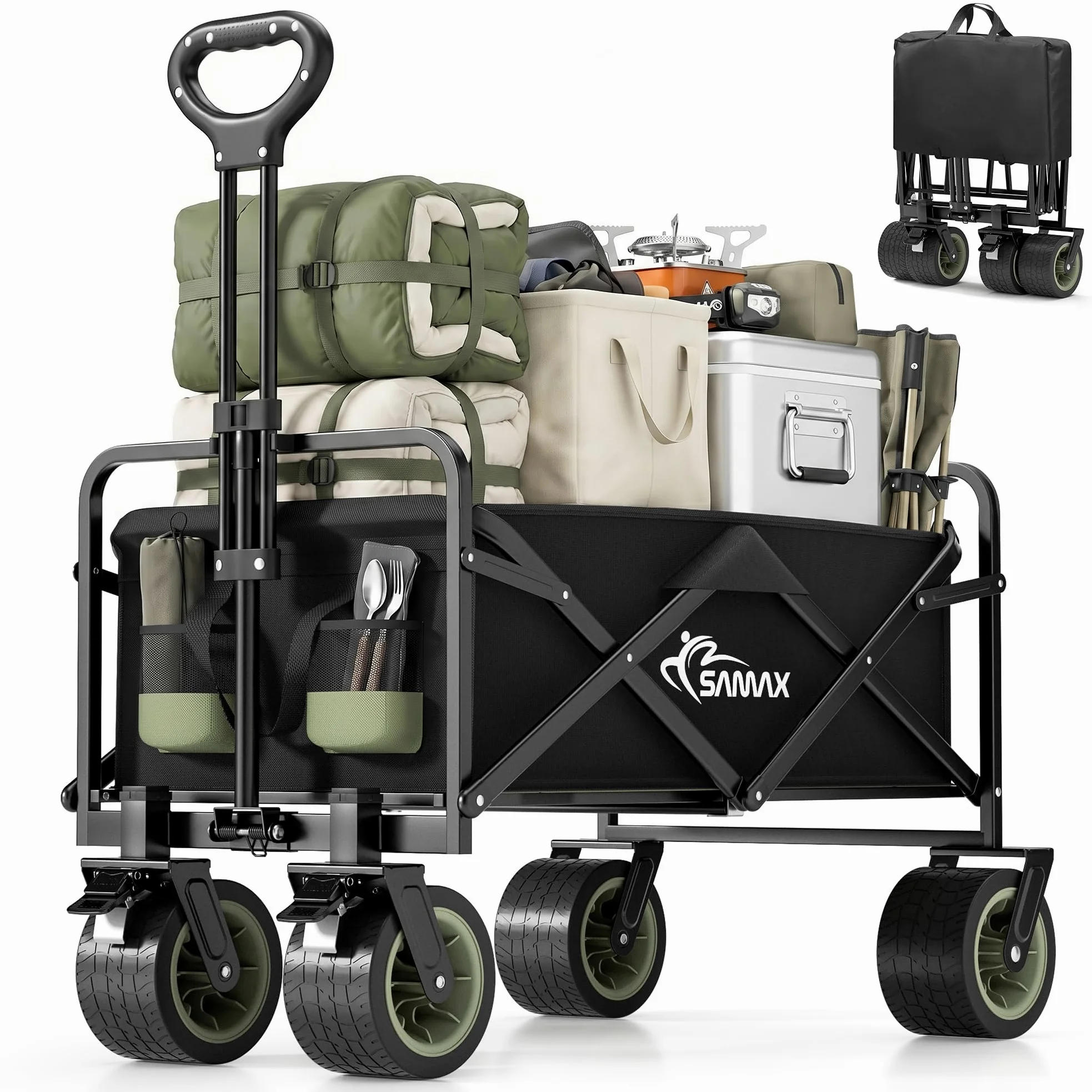 SAMAX Carrito de Offroad a Mano Plegable Coaster Carretillas de Jardín Playa de Carro Offroad 200 kg - Camping Edition Negro/Verde Matcha