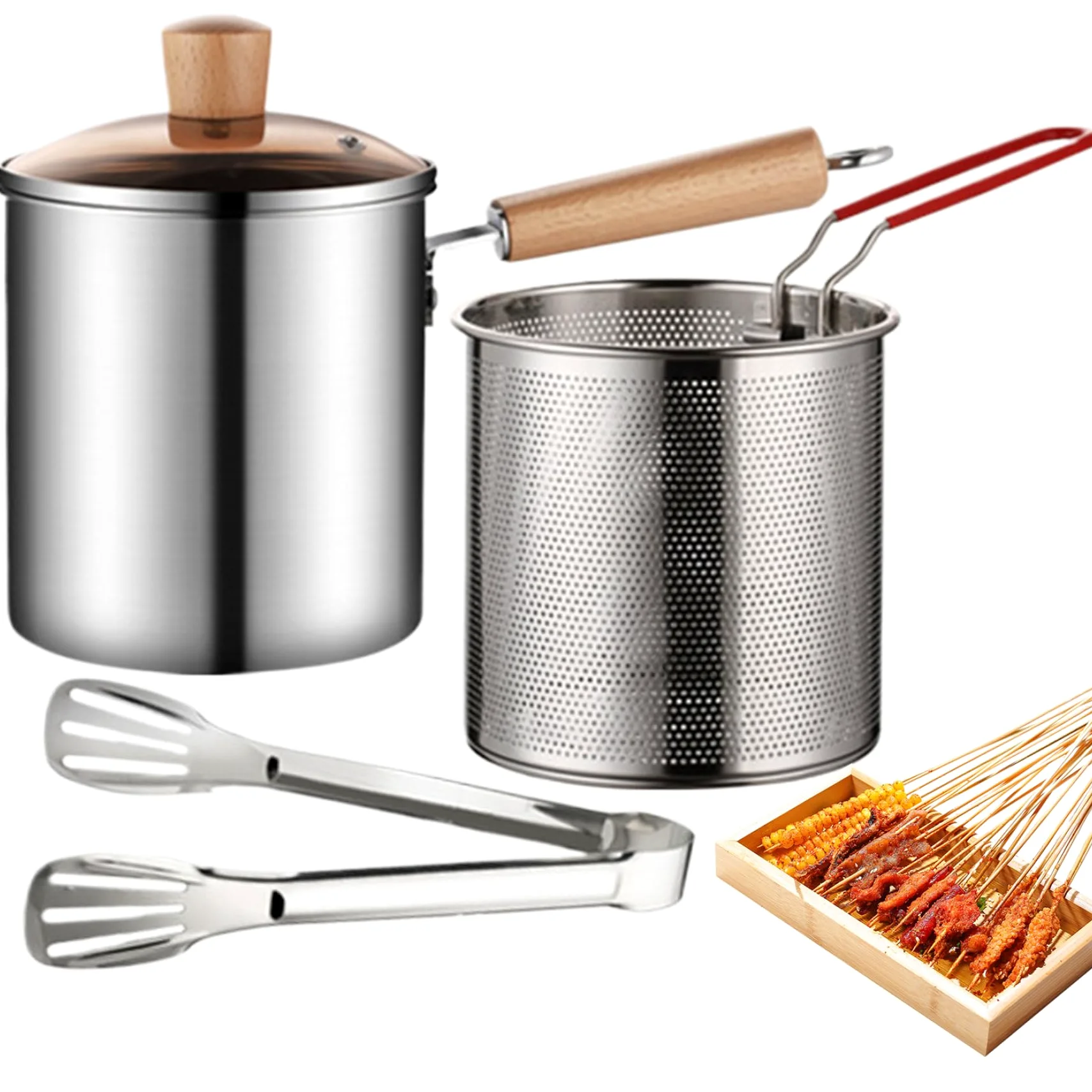Freidora de acero inoxidable 3L con cesta colador y tapa visible para pollo y papas fritas