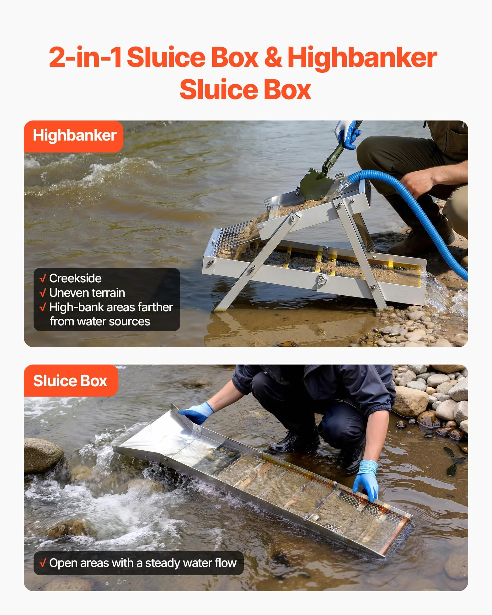 VEVOR Canaleta para Lavado de Oro 1270 mm, Equipo Portátil de Prospección de Oro, Plegable con Correa de Hombro Bolsa de Transporte Guantes, Aleación de Aluminio, para Buscar Minería Ríos Arroyos