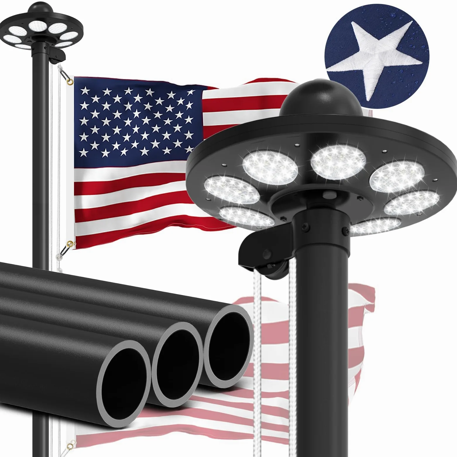 Kit de mástil de bandera resistente de calibre 11 con luz solar ultra brillante de 136 LED, mástil de bandera de 2.3 mm de grosor de 20 pies para casa exterior en el suelo, bandera de Estados