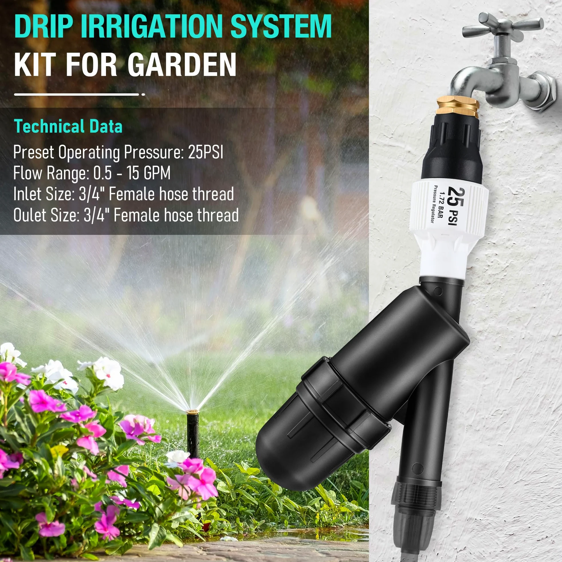 Aurelema Regulador de presión de riego por goteo y filtro, 25 PSI para manguera de jardín/grifo de 3/4 pulgadas y filtro en Y en línea de riego por goteo, conexiones de rosca de manguera FHT de 3/4 x