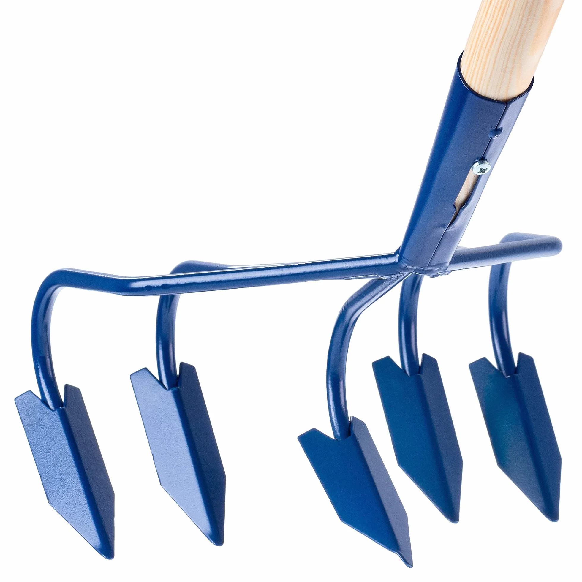 KADAX Cultivador manual de metal, cultivador con mango largo de madera, cultivador robusto, garra de jardín, azada de jardín para aflojar el suelo (con 5 dientes de bisagra)