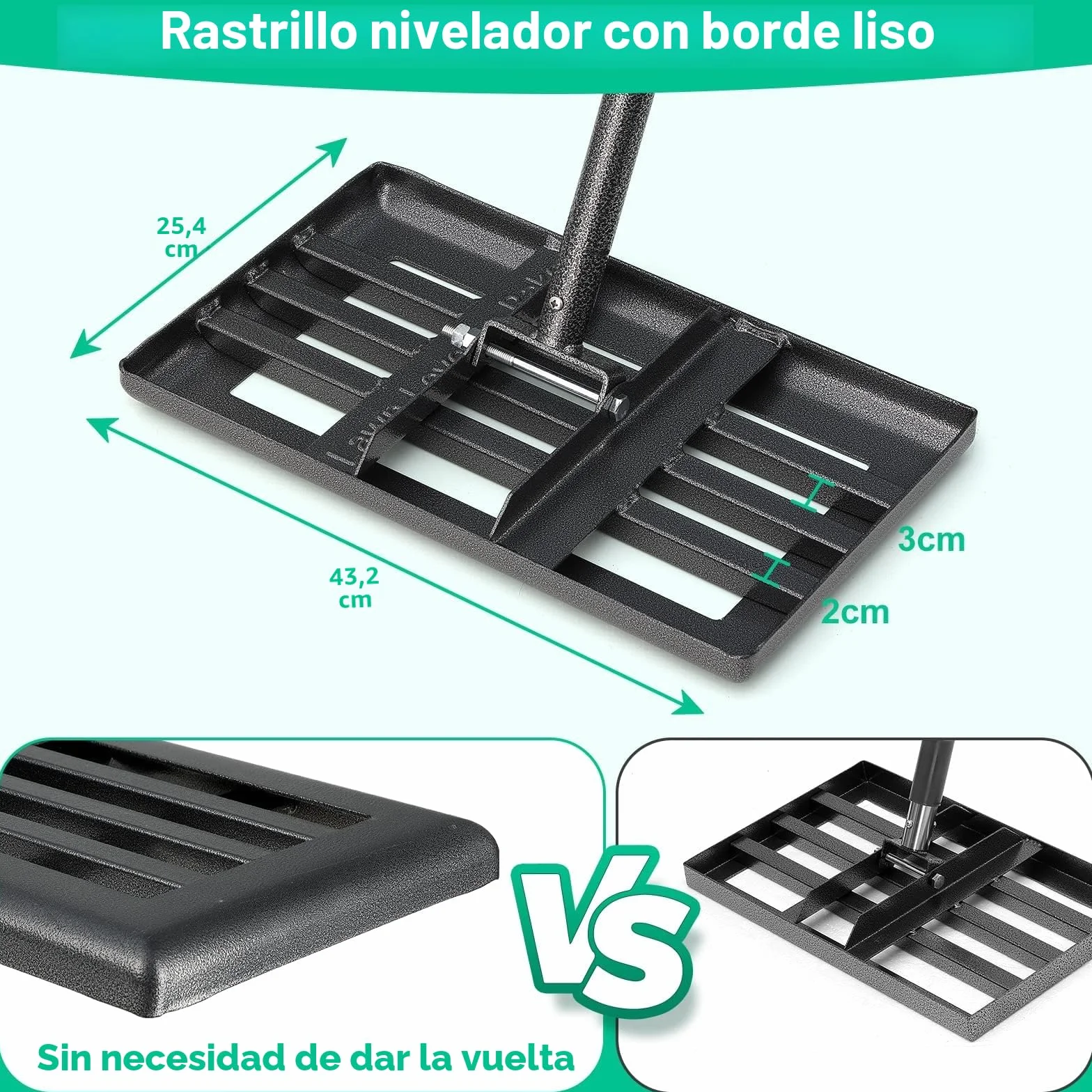 Rastrillo de Metal para Césped, 182 cm, Herramienta para Golf, Rasqueta de Acero Inoxidable, Jardín, Patio Trasero (25 x 43 cm)