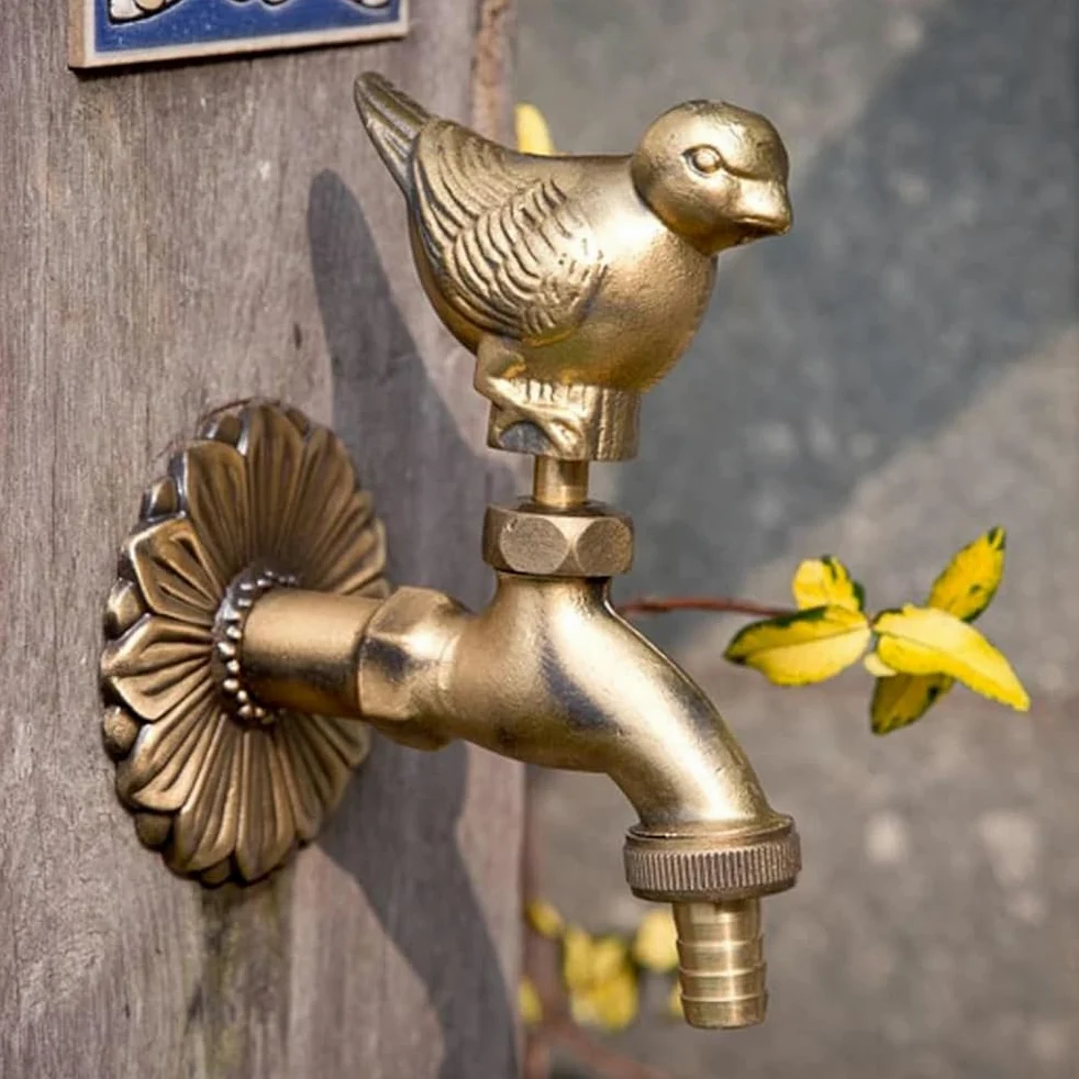 Grifo de latón vintage para jardín, diseño de gorrión de jardín, para manguera de exterior, grifo de agua fría para manguera de jardín