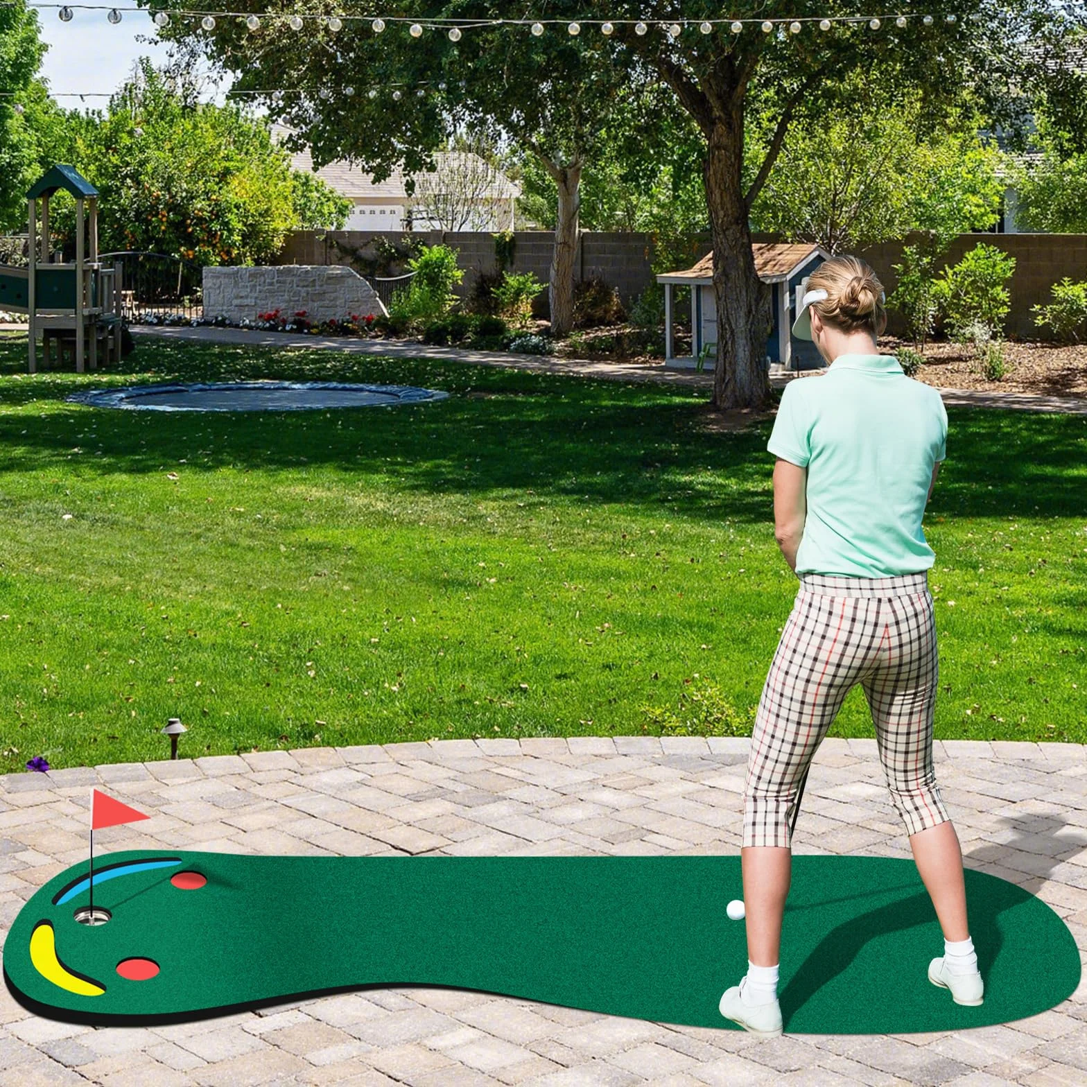 COSTWAY Alfombra de Putting de Golf 300x96 cm Mini Golf con 3 Tazas Bandera y Cubiertas