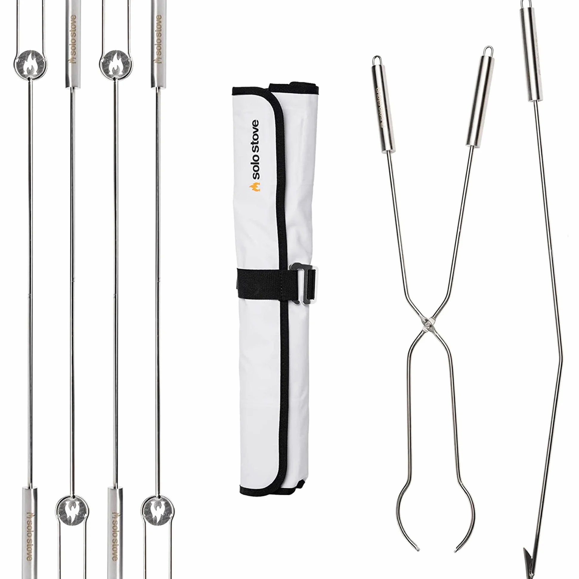 Solo Stove Herramientas para Brasero y varillas para asa, Juego de 7 piezas: 4 varillas para asar (91,44cm), 1 atizador de madera angular (92,7cm) y 1 pinzas para troncos (81,3cm), 1 funda protectora