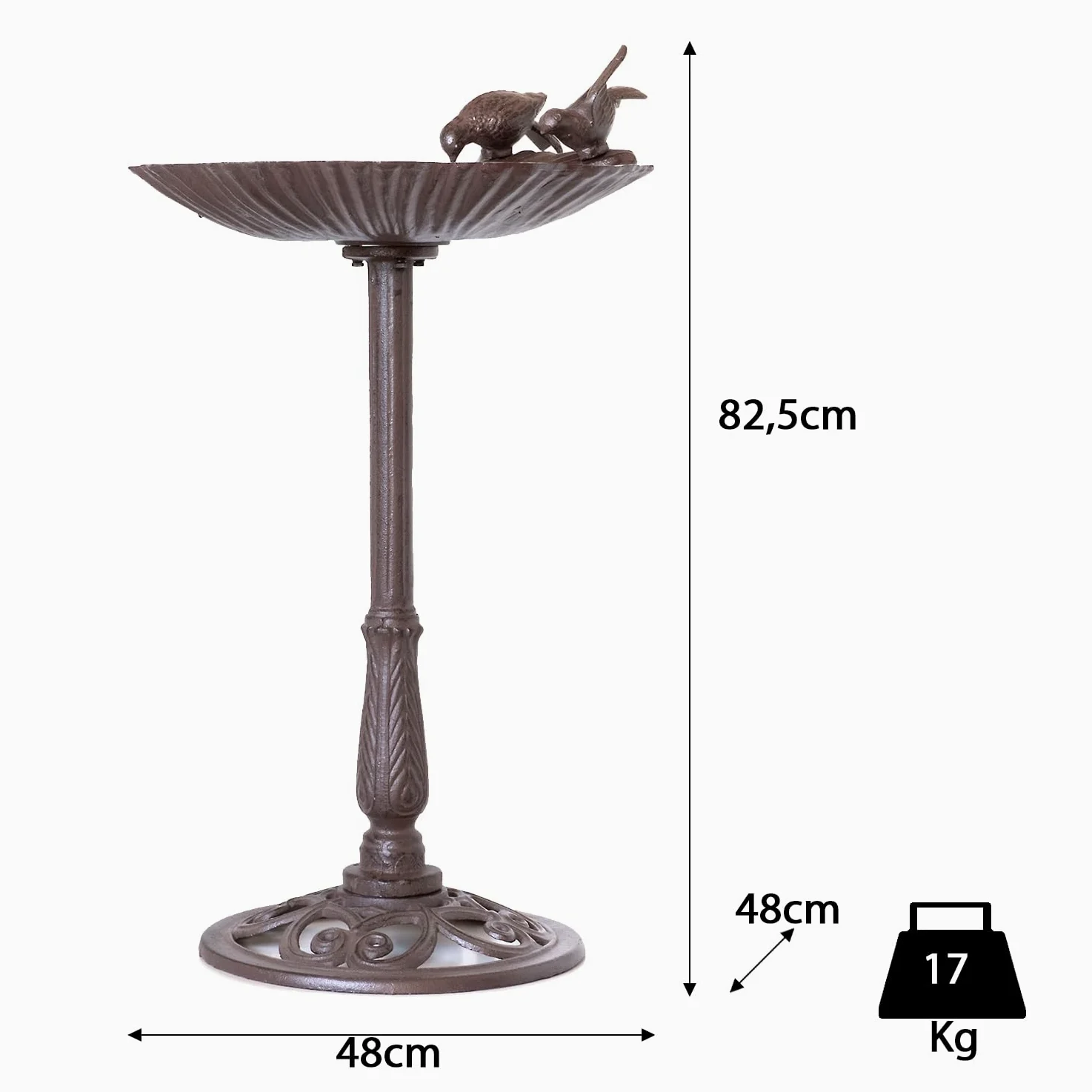 Moritz Bebedero para pájaros, 78 cm de alto, color marrón, hierro fundido, bebedero para pájaros para jardín, baño de pájaros con soporte, diseño antiguo