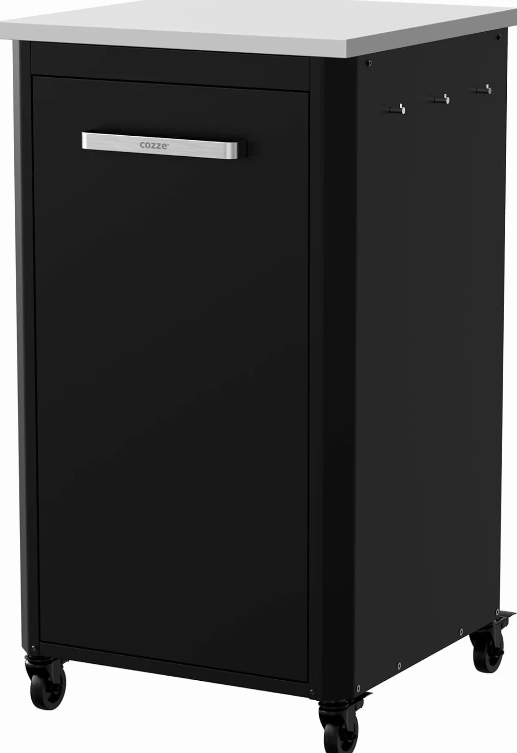 Cozze® | Cocina Exterior 60 Alta H110 cm | Encimera de Acero Inoxidable SS430 | Diseño Modular | 1 Puerta con Soporte para bombona | 6 Ganchos | Ruedas Ø75 mm | Estructura de Acero Lacado Negro