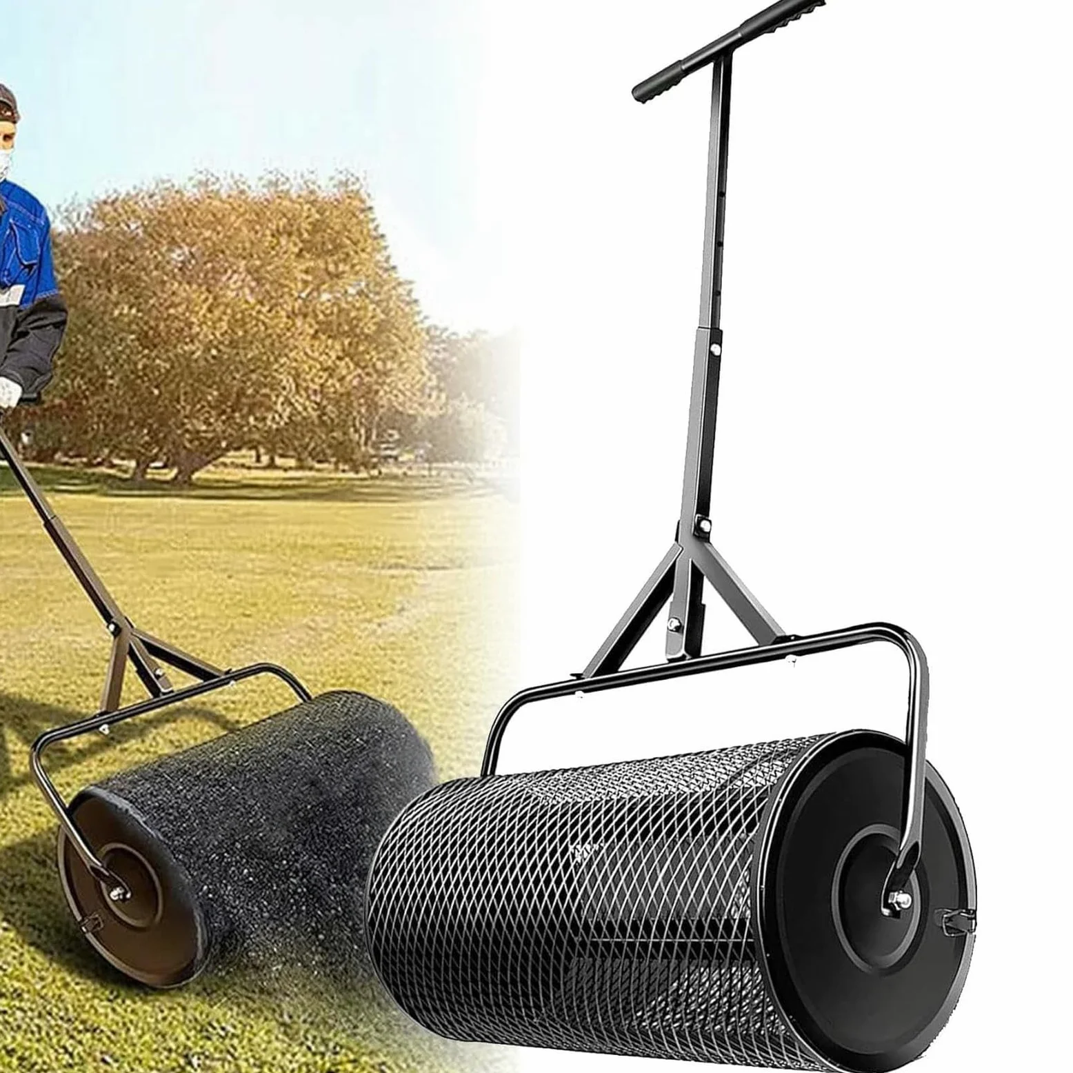 Esparcidor de abono de jardín de alto rendimiento, mango ajustable, aireador de malla de metal para una distribución uniforme del suelo, ideal para uso en césped y jardín